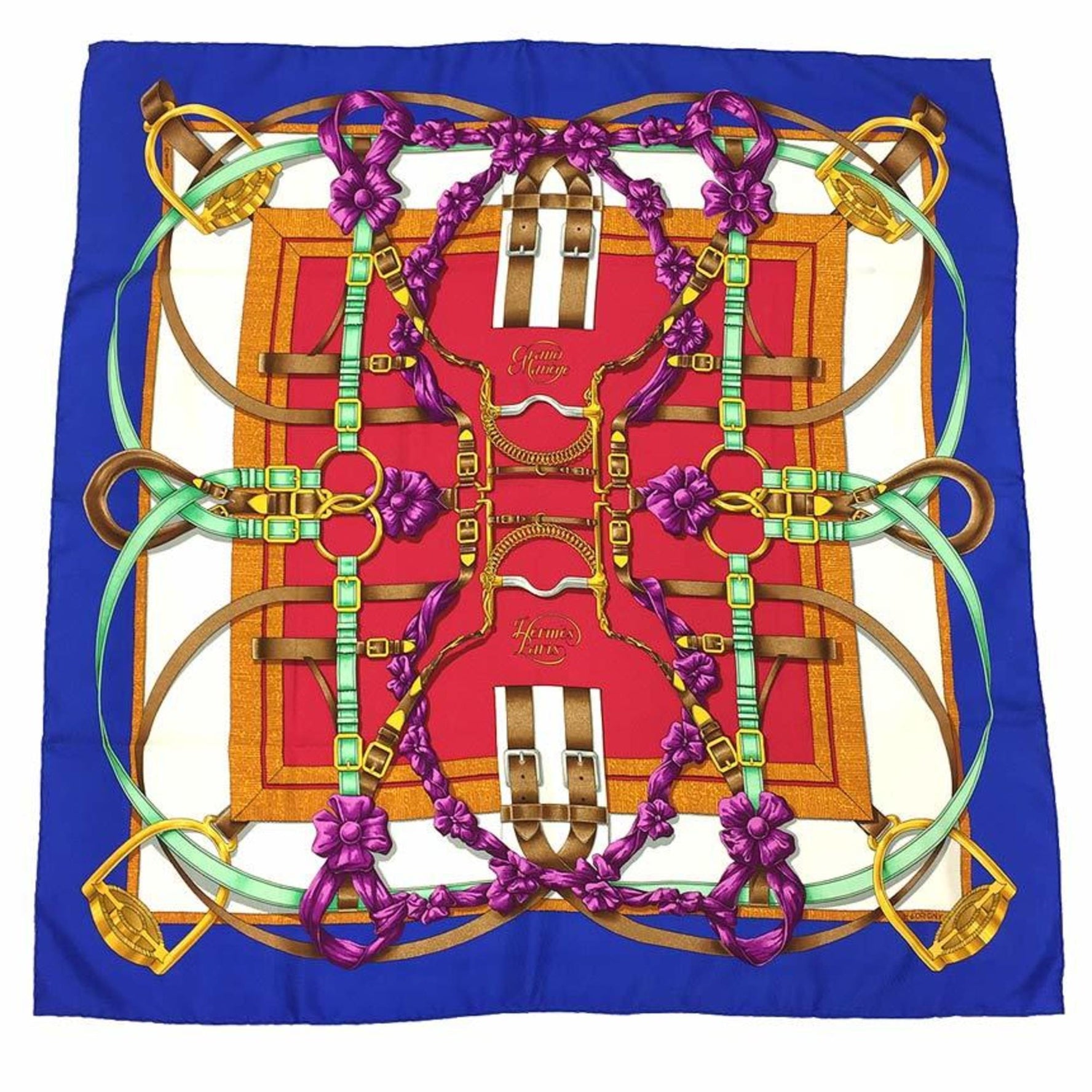 HERMES Carre 90 Scarf Muffler Grand Manege Great Training Technique Blue x Ivory Red 100% Silk
