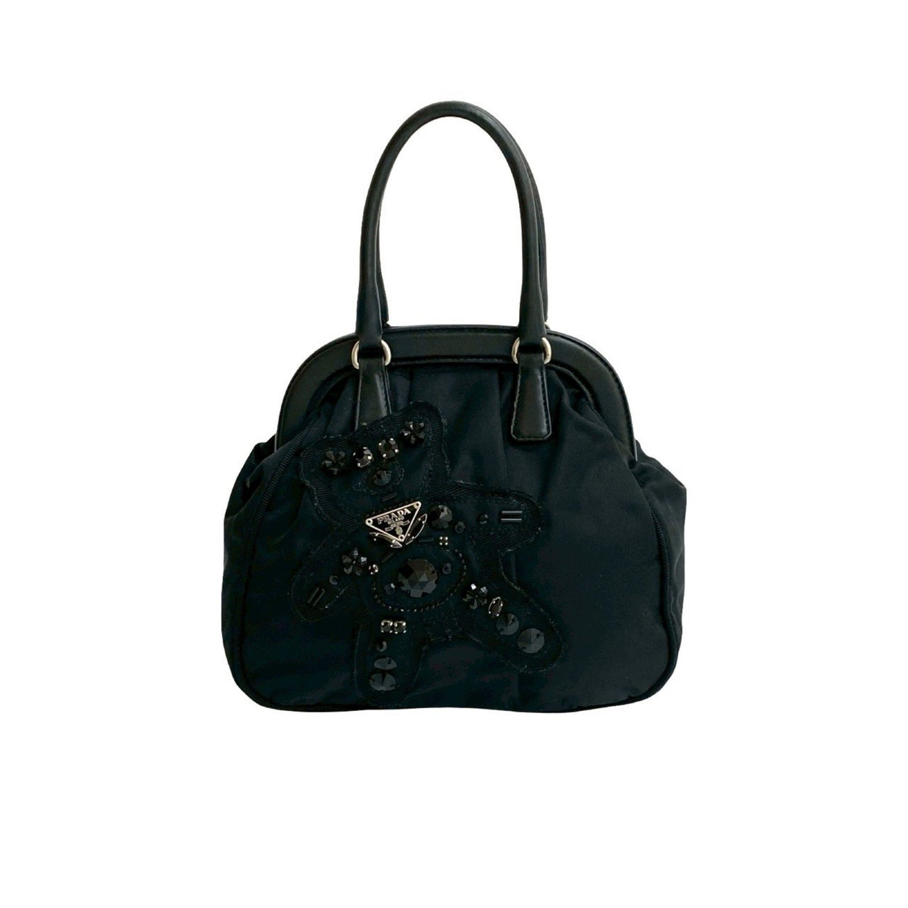 PRADA Evening Bear Triangle Logo Metal Jeweled Leather and Tessuto Nylon Mini Handbag