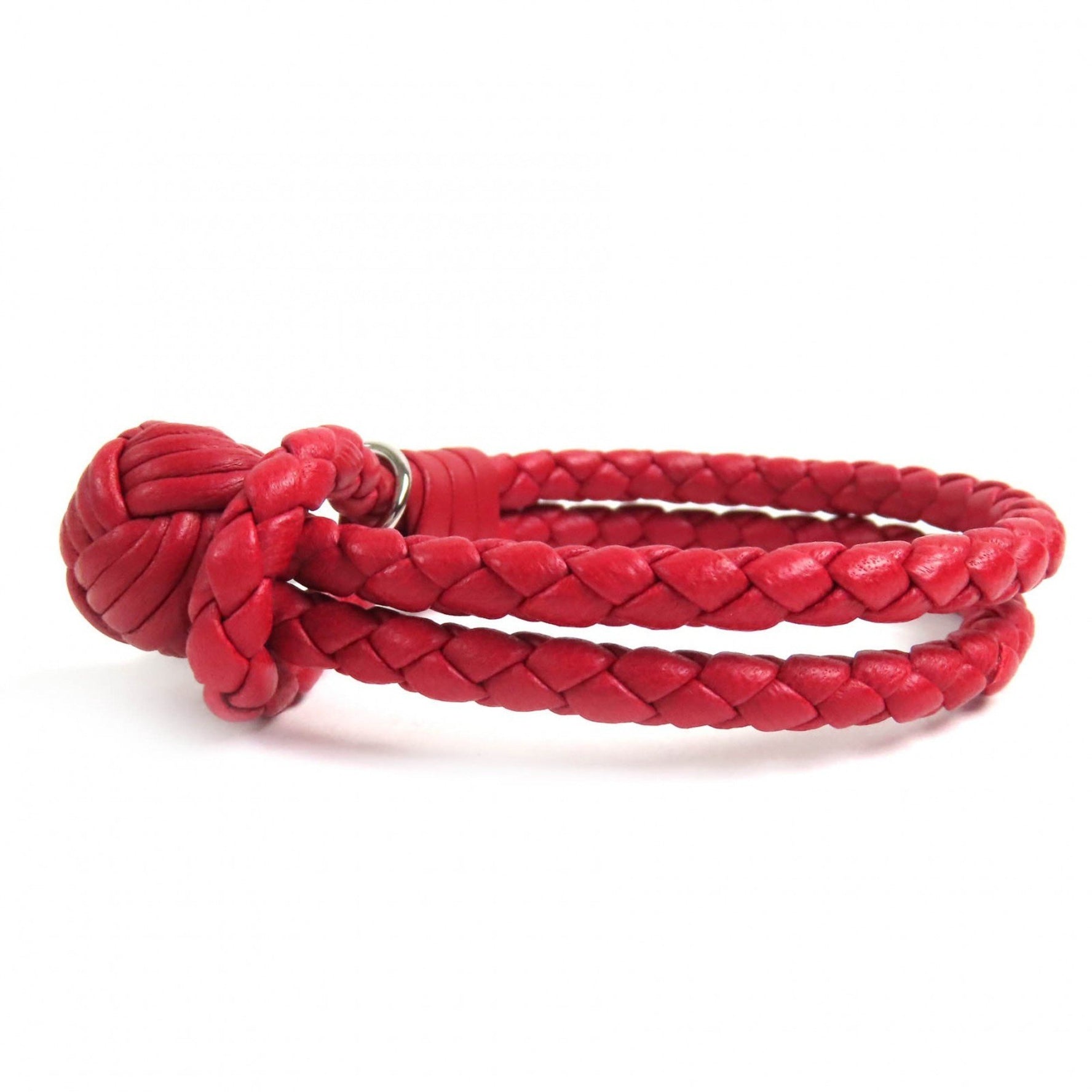 BOTTEGA VENETA Intrecciato Leather Bracelet with Logo Charm, Red and Silver Hardware, Made in Italy