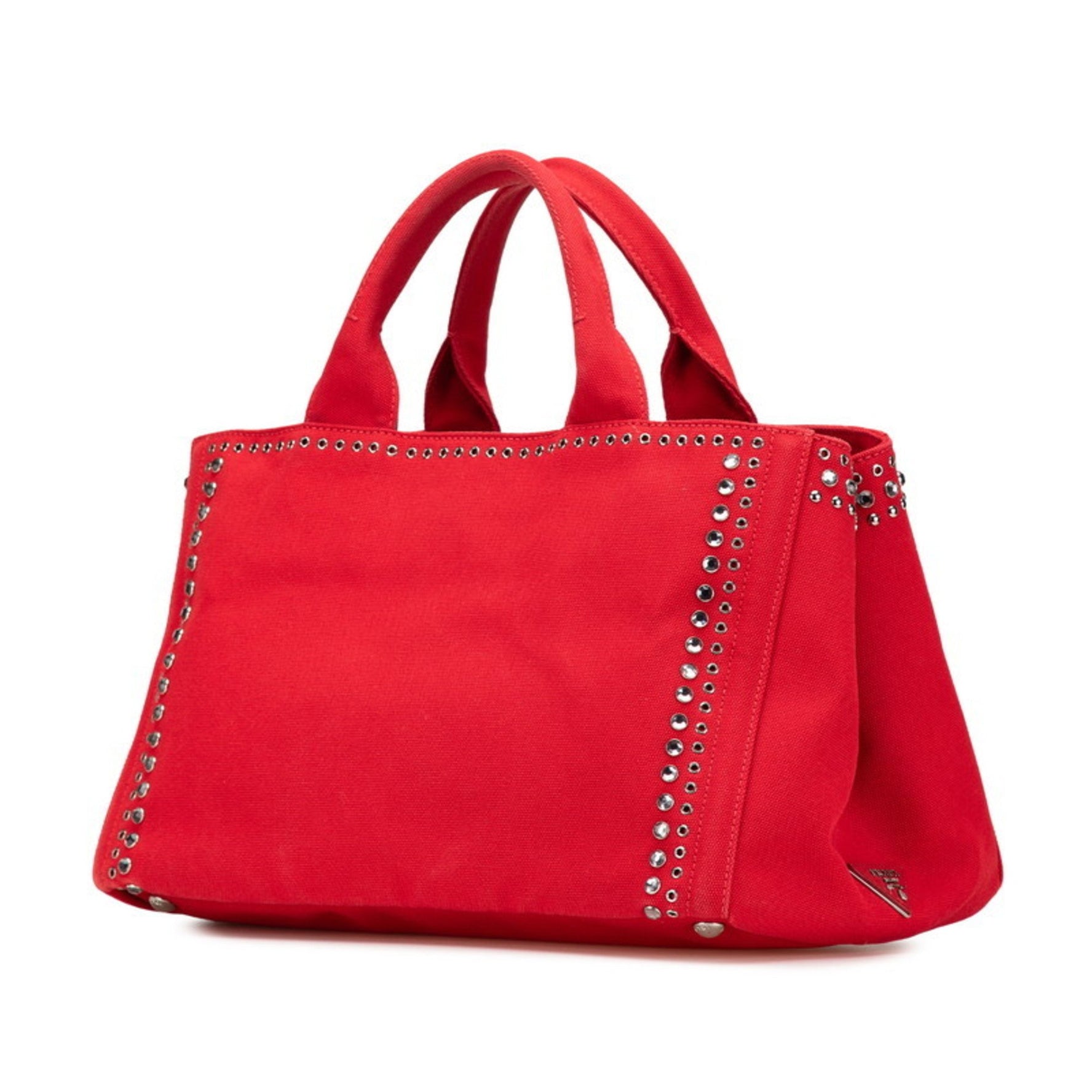 Prada Canapa Studded Beaded Handbag Shoulder Bag Red Canvas