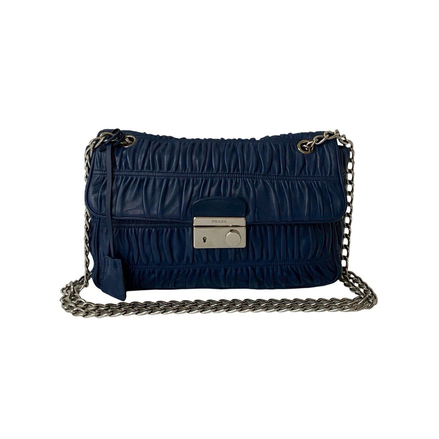 PRADA logo metal hardware gathered leather genuine chain semi-shoulder bag mini tote