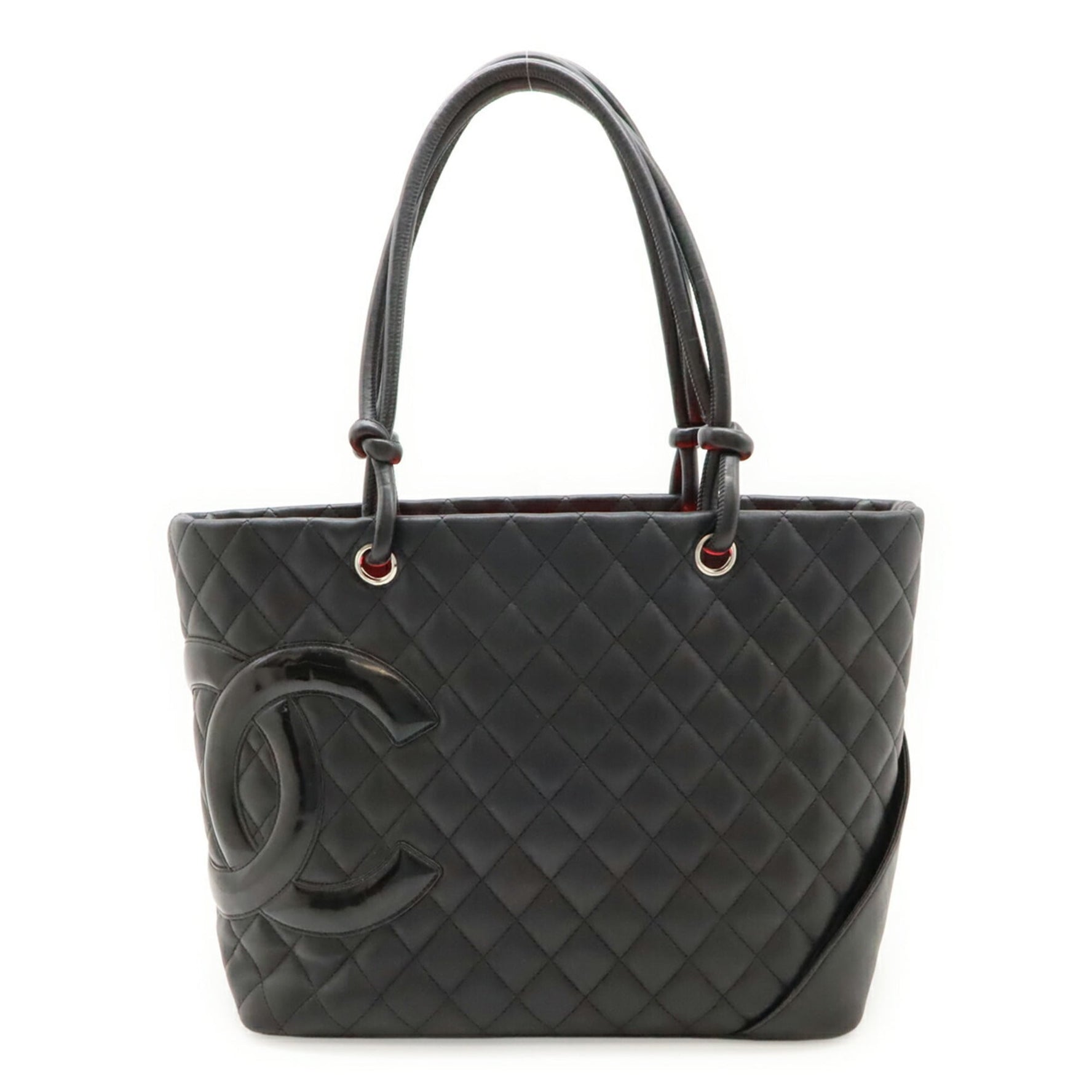 CHANEL Cambon Line Coco Mark Large Tote Shoulder Bag in Soft Calfskin Enamel, Black and Pink