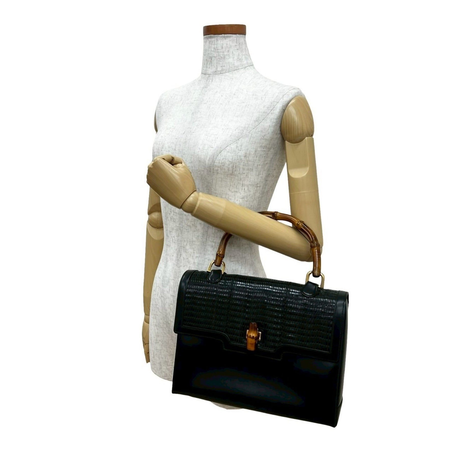 GUCCI Old Vintage Turnlock Bamboo Leather Handbag Tote Bag 00034