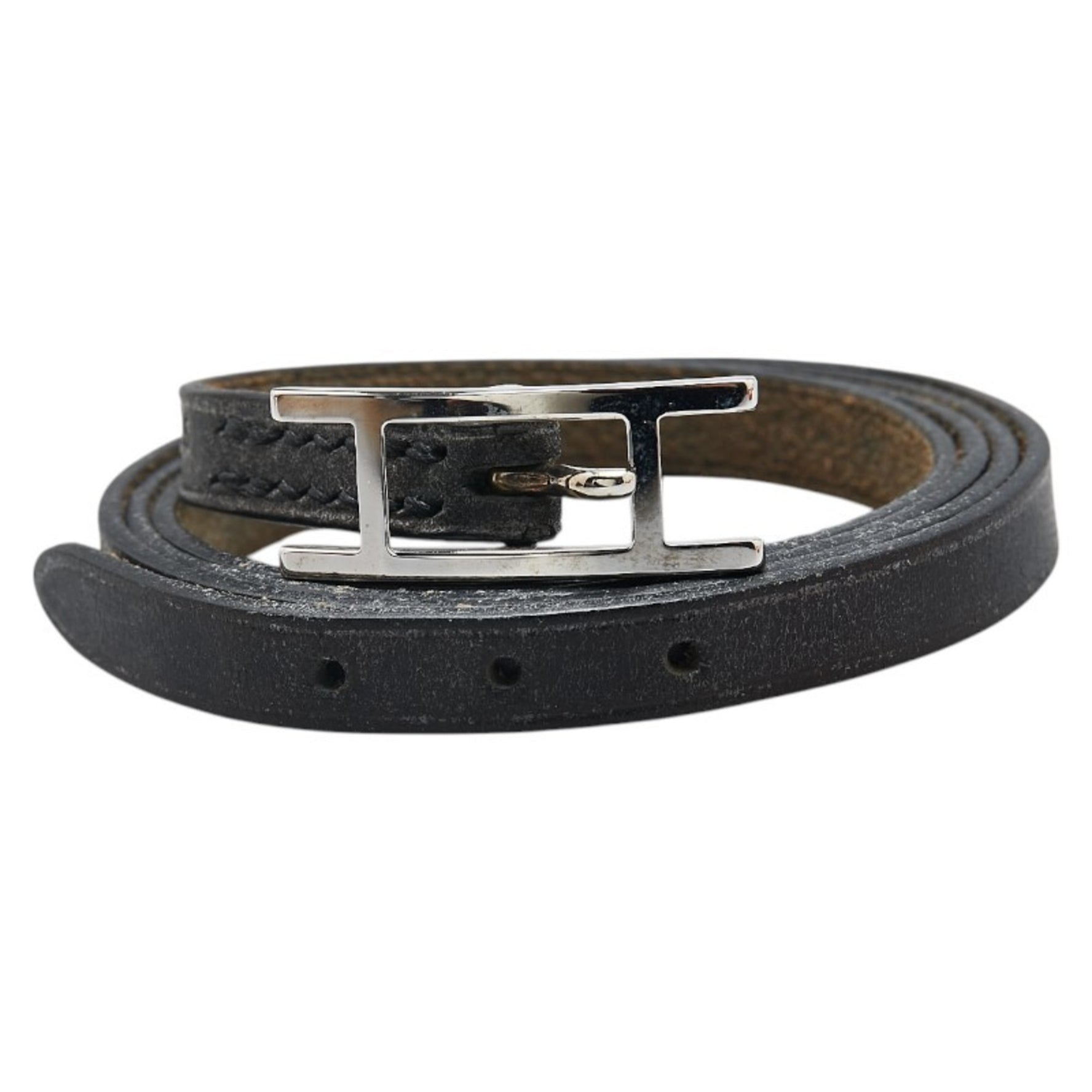 Hermes Long Bracelet Choker Black Silver Leather