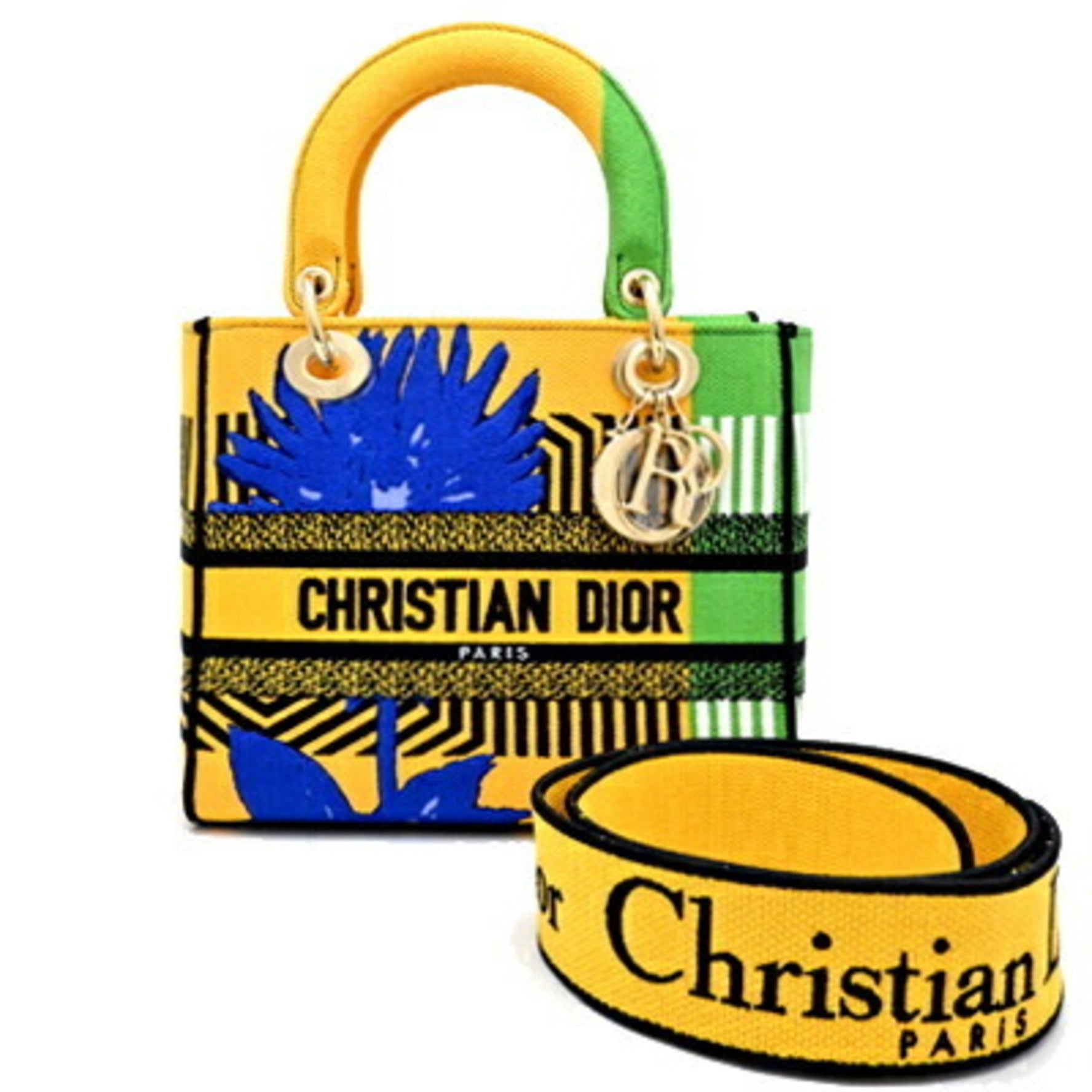 Christian Dior Lady D-LITE Medium Handbag Canvas Yellow