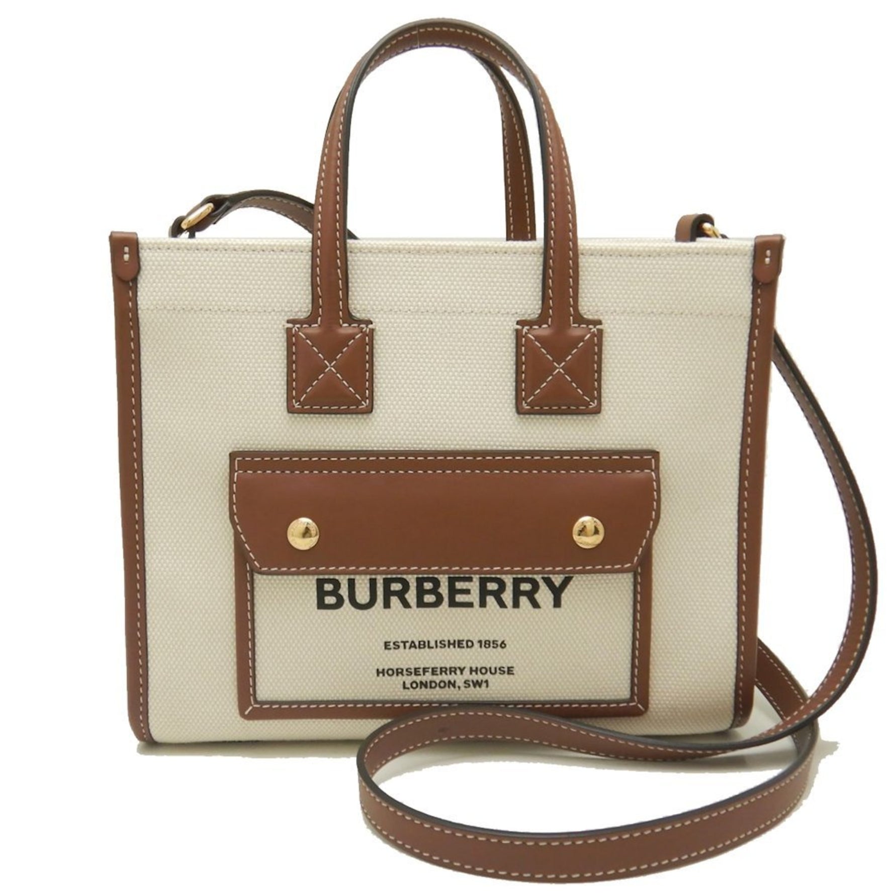 BURBERRY Freya Tote bag Canvas x leather Natural Tan