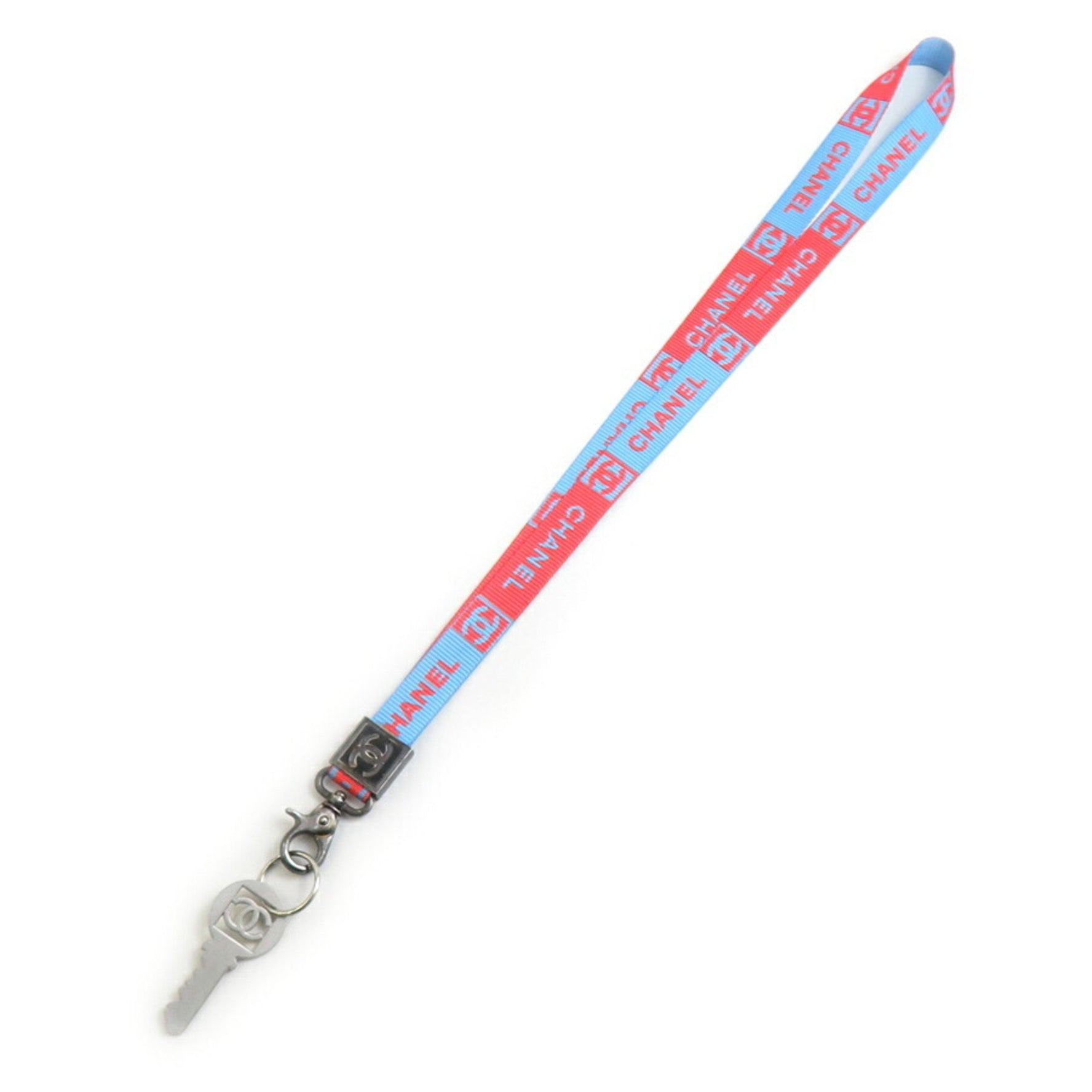 CHANEL Coco Mark Neck Strap, Coated Canvas, Metal, Blue, Orange, Silver