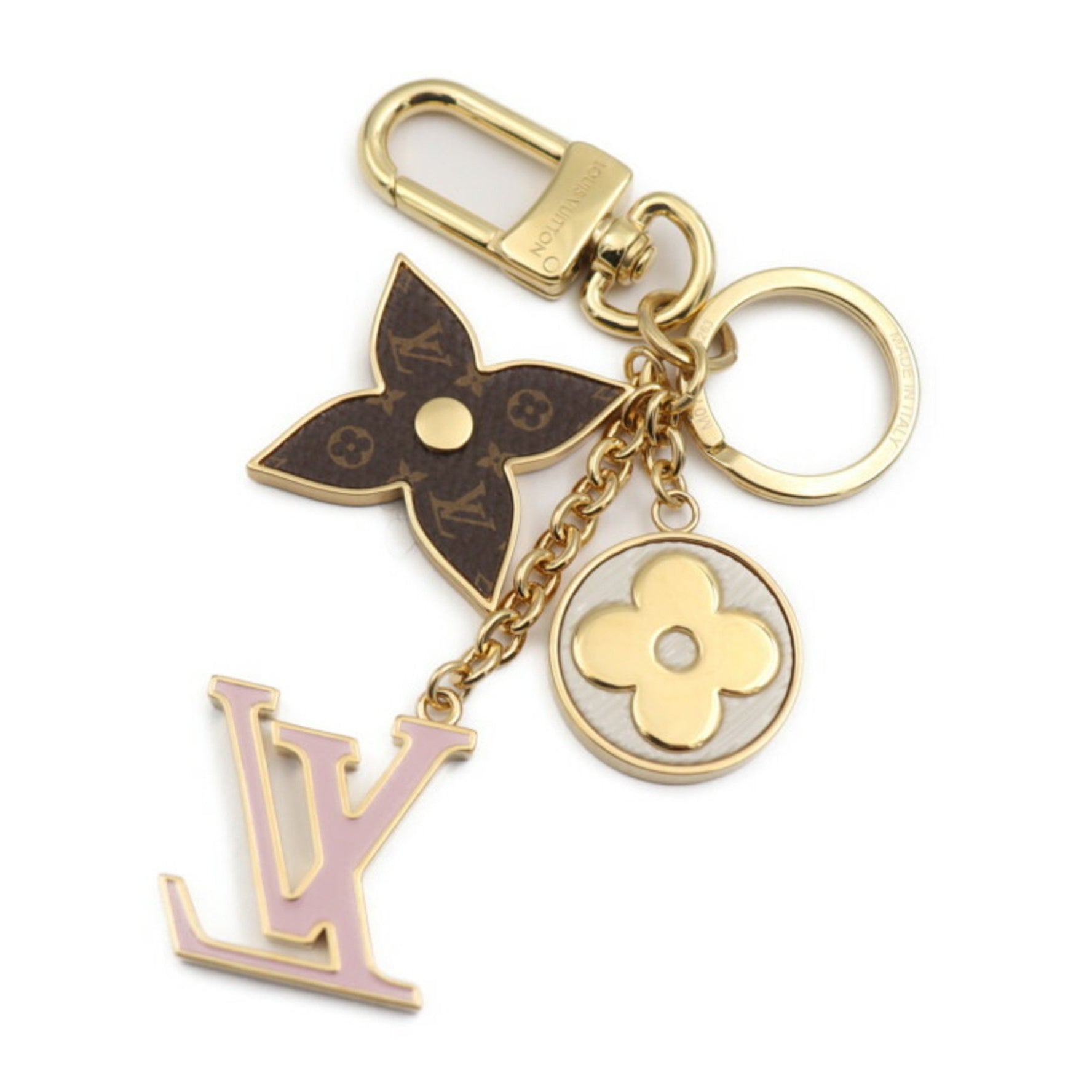 Louis Vuitton Spring Street Keychain Metal Gold Brown Pink White LV Monogram Flower Keyring Bag Charm