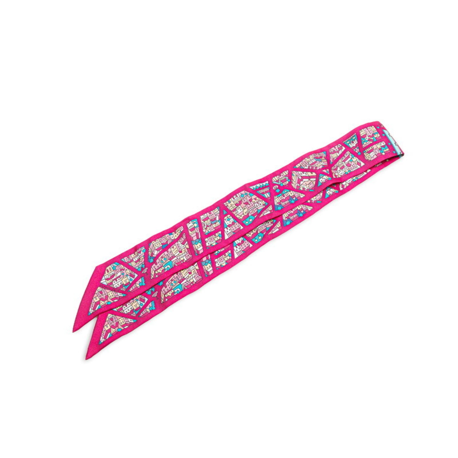 Hermès Twilly "Rive Droite Rive Gauche" Right and Left Bank Streets Scarf, Pink Multicolor Silk, HERMES