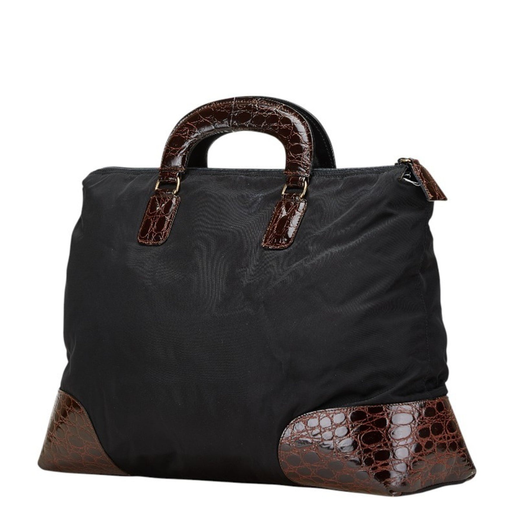 Prada Triangle Logo Plate Crocodile Embossed Handbag in Black and Brown Nylon Leather