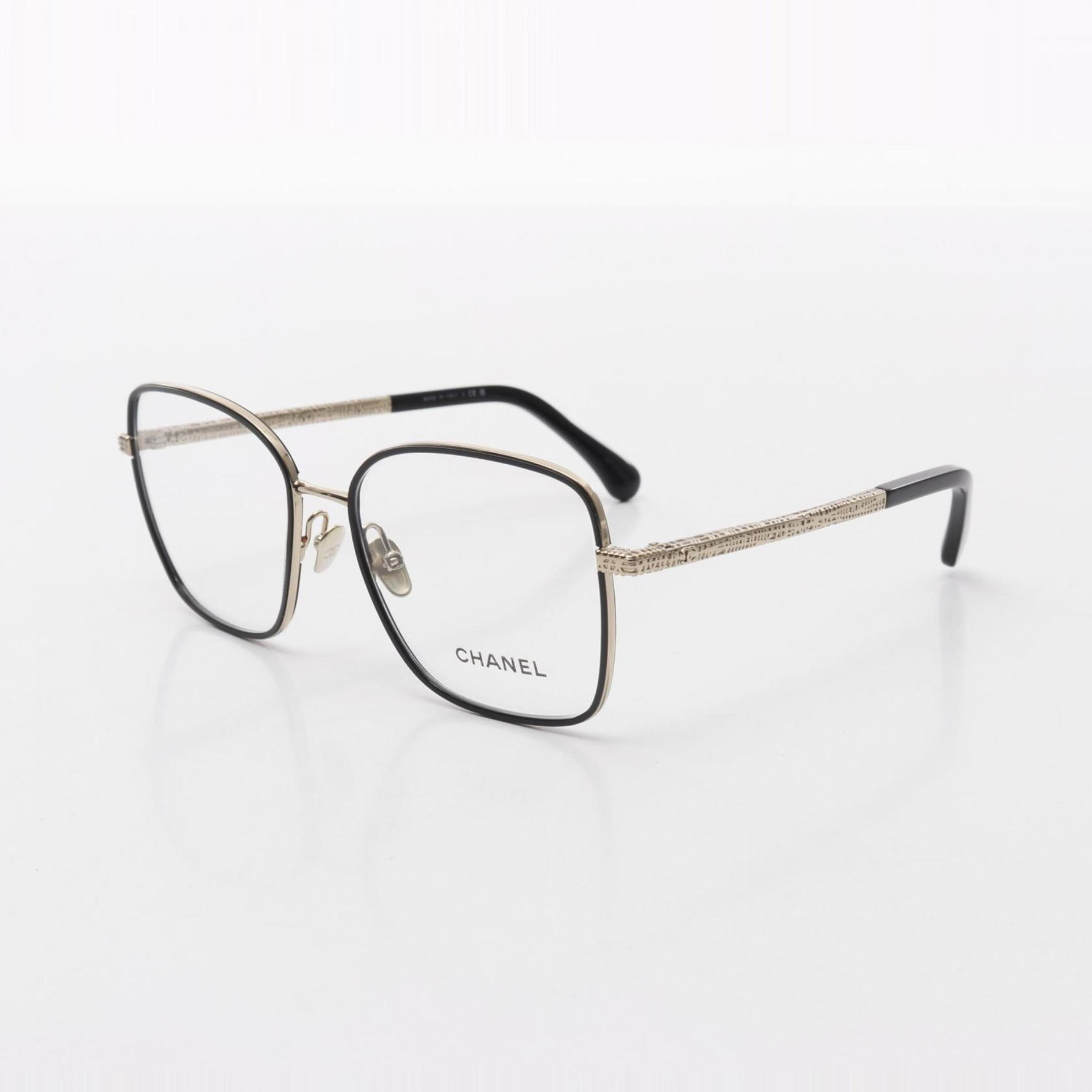 CHANEL Square Shape Optical Glasses, Plastic, GP, Black and Gold