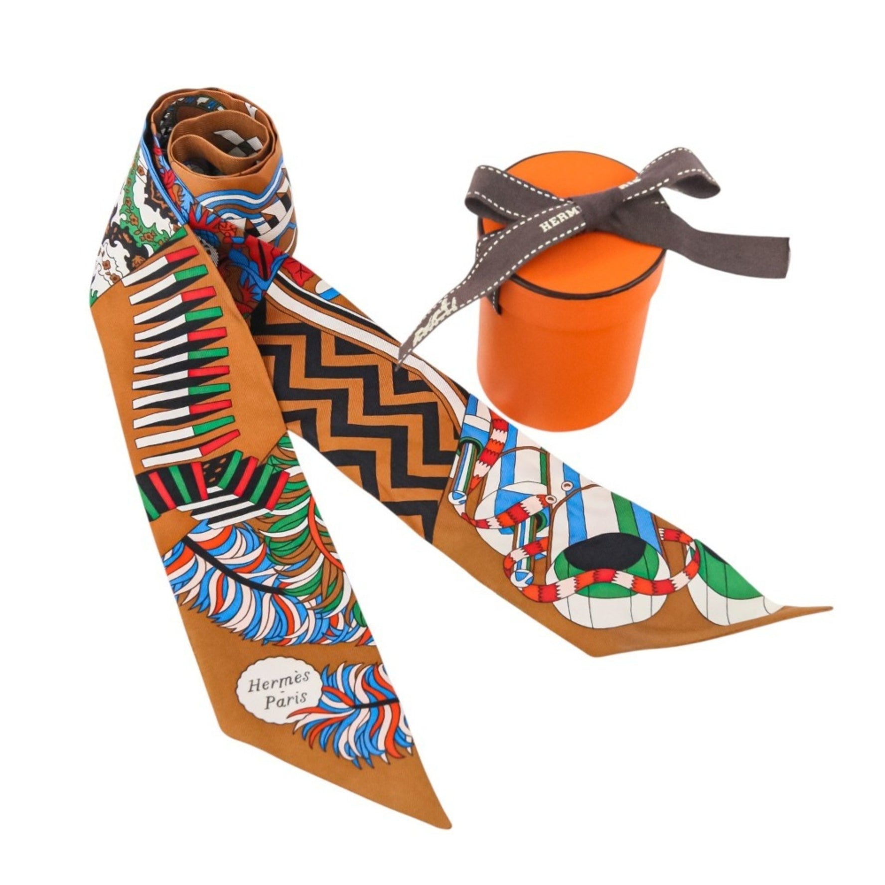 HERMES Twilly "De l'Ombrelle aux Duels Vieux" Silk Scarf/Muffler in Camel Vert Blue