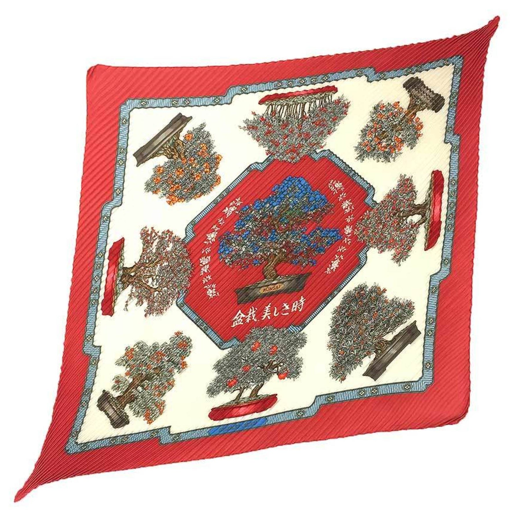 HERMES Pleated Scarf Carré 90 BONSAI Beautiful Time Ivory x Red 100% Silk Muffler