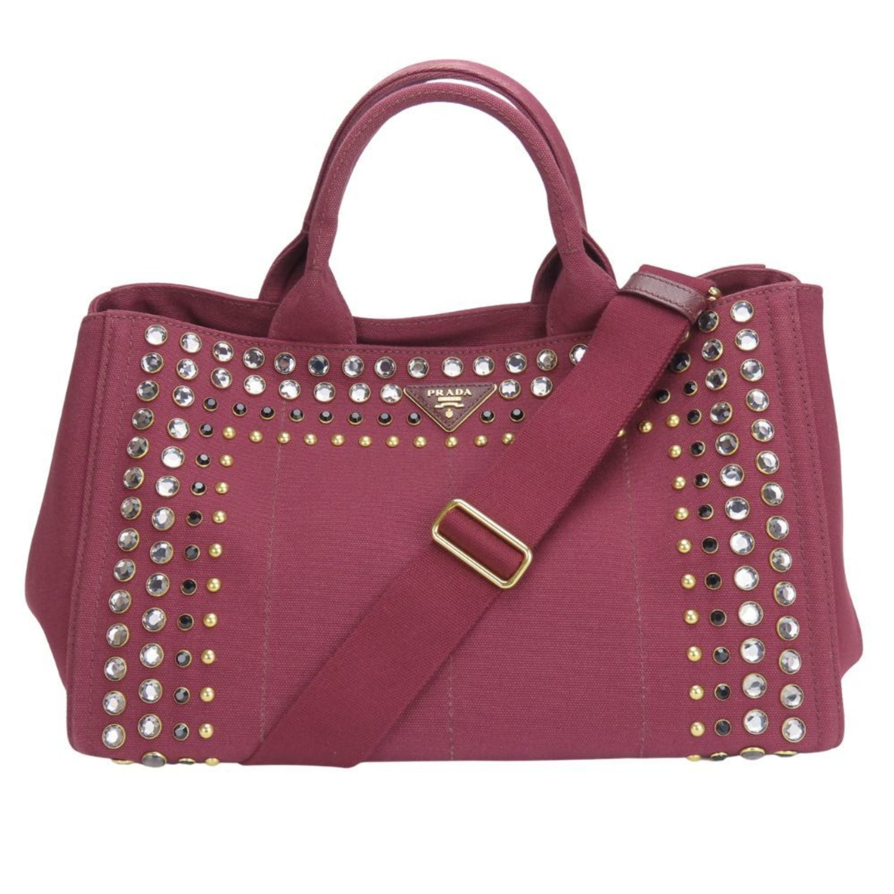 Prada Tote Bag Canapa Studded Canvas Amaranth Red Shoulder Beads
