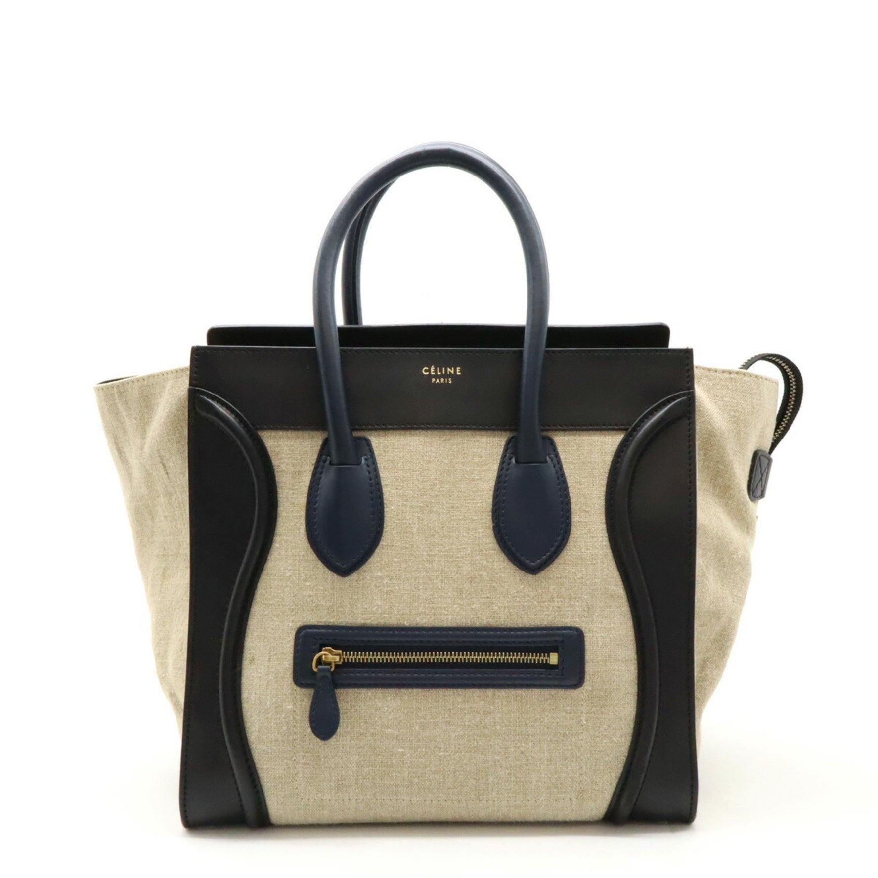 CELINE Luggage Shopper Tote Bag Handbag Linen Leather Beige Black Navy