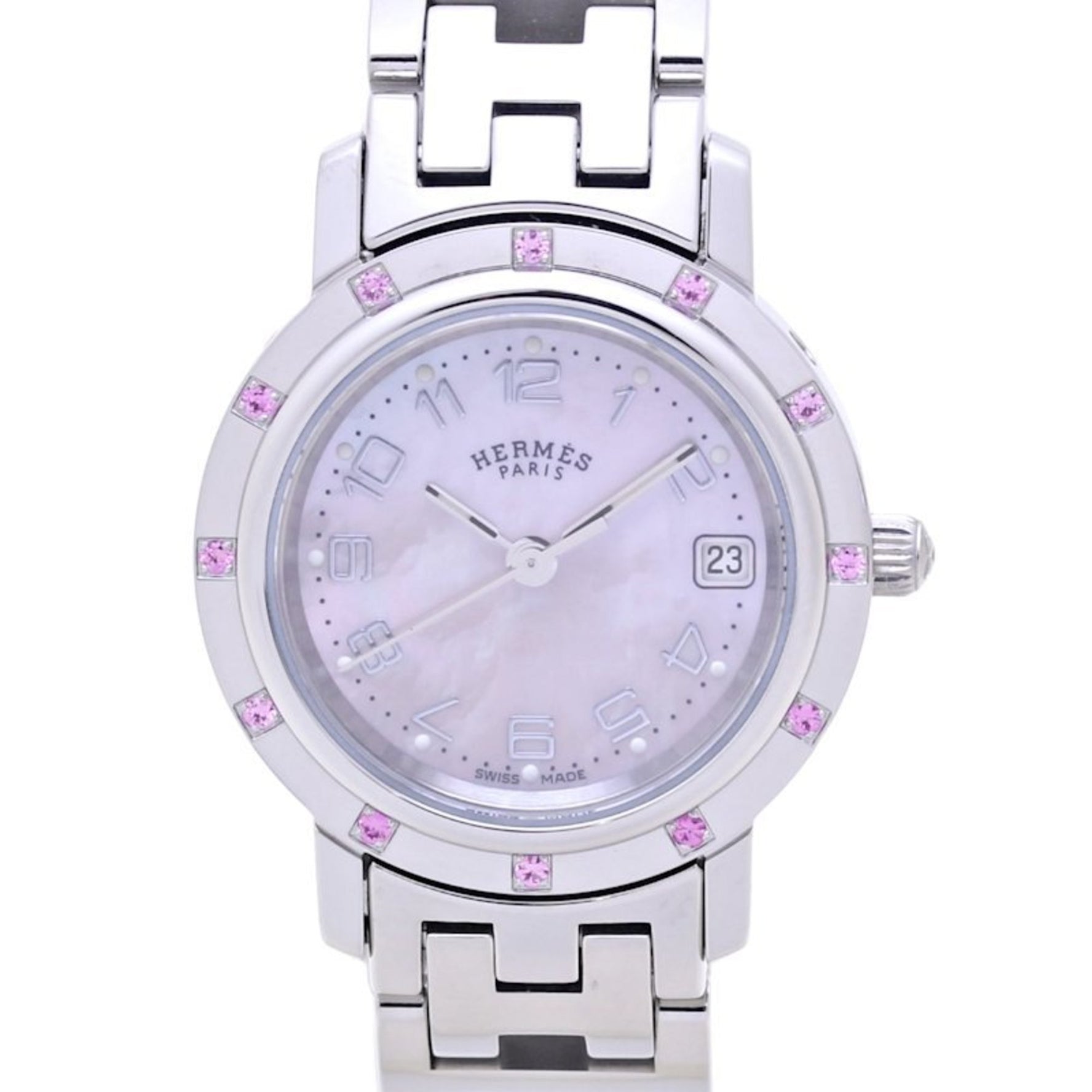 HERMES Clipper Nacle Pink Sapphire 3821 New Buckle Stainless Steel Ladies Watch