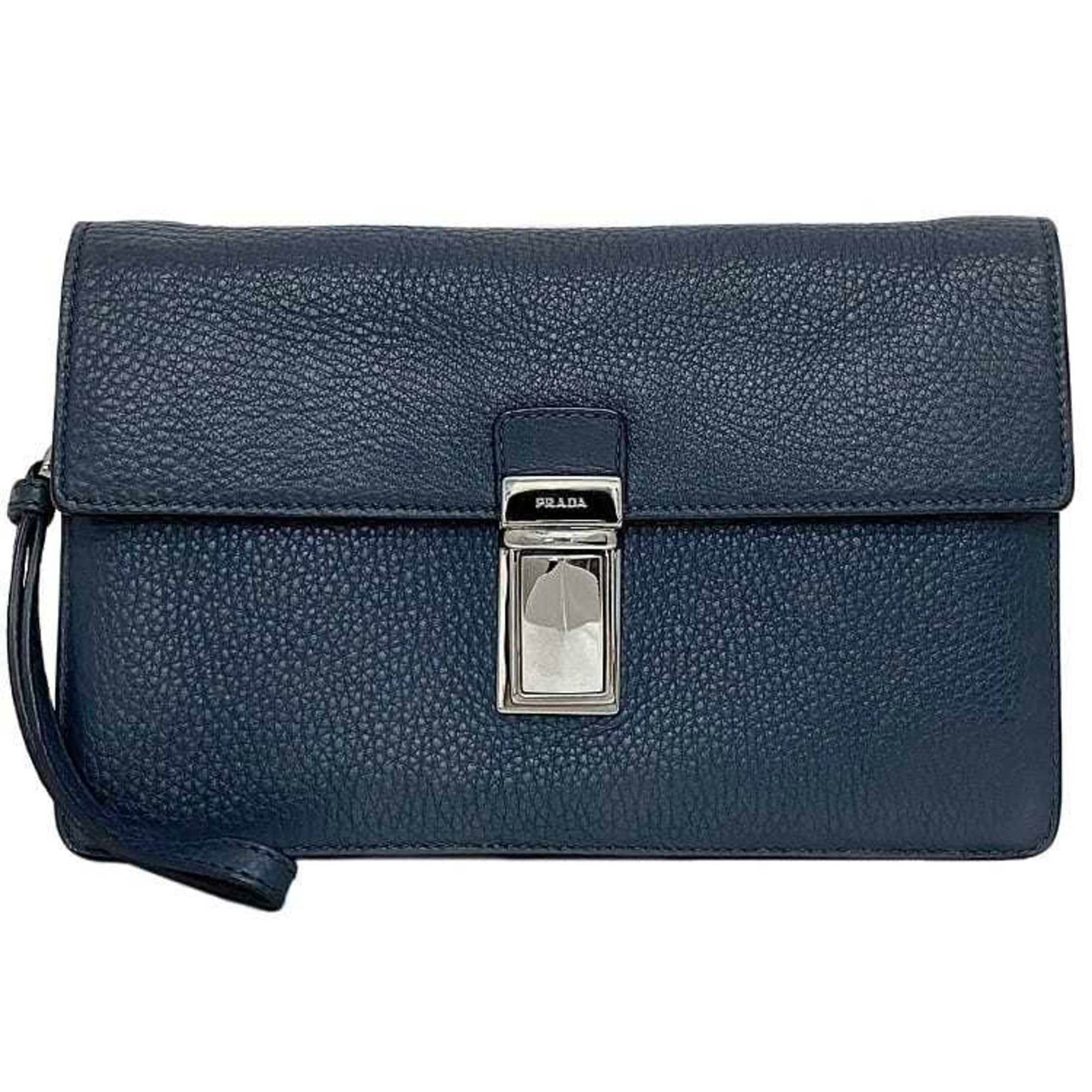 Prada Second Bag with Strap Saffiano Leather Clutch Handbag Flap Triangle Plate