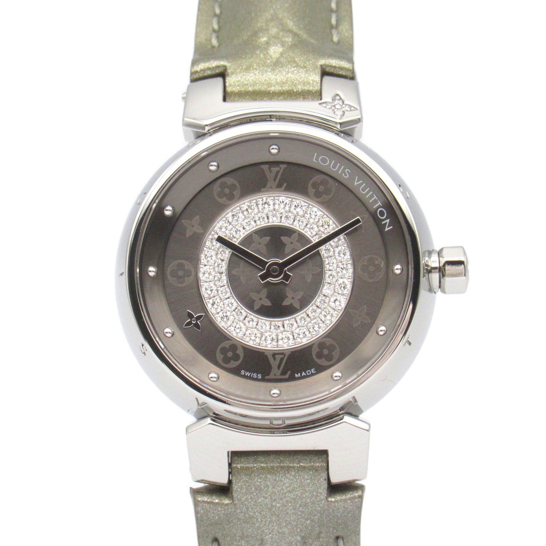 Louis Vuitton Tambour Disc PM Watch, Stainless Steel with Leather Strap, Gray