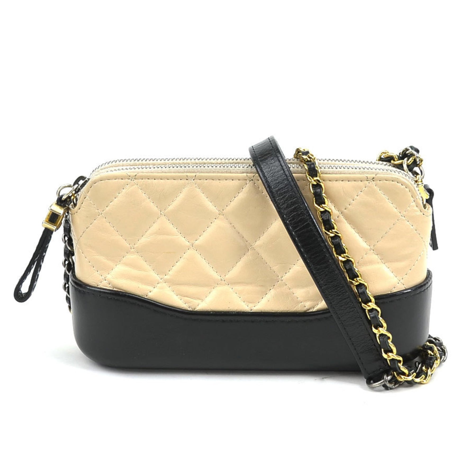 CHANEL Shoulder Bag Gabriel Leather Beige Black Silver Gold