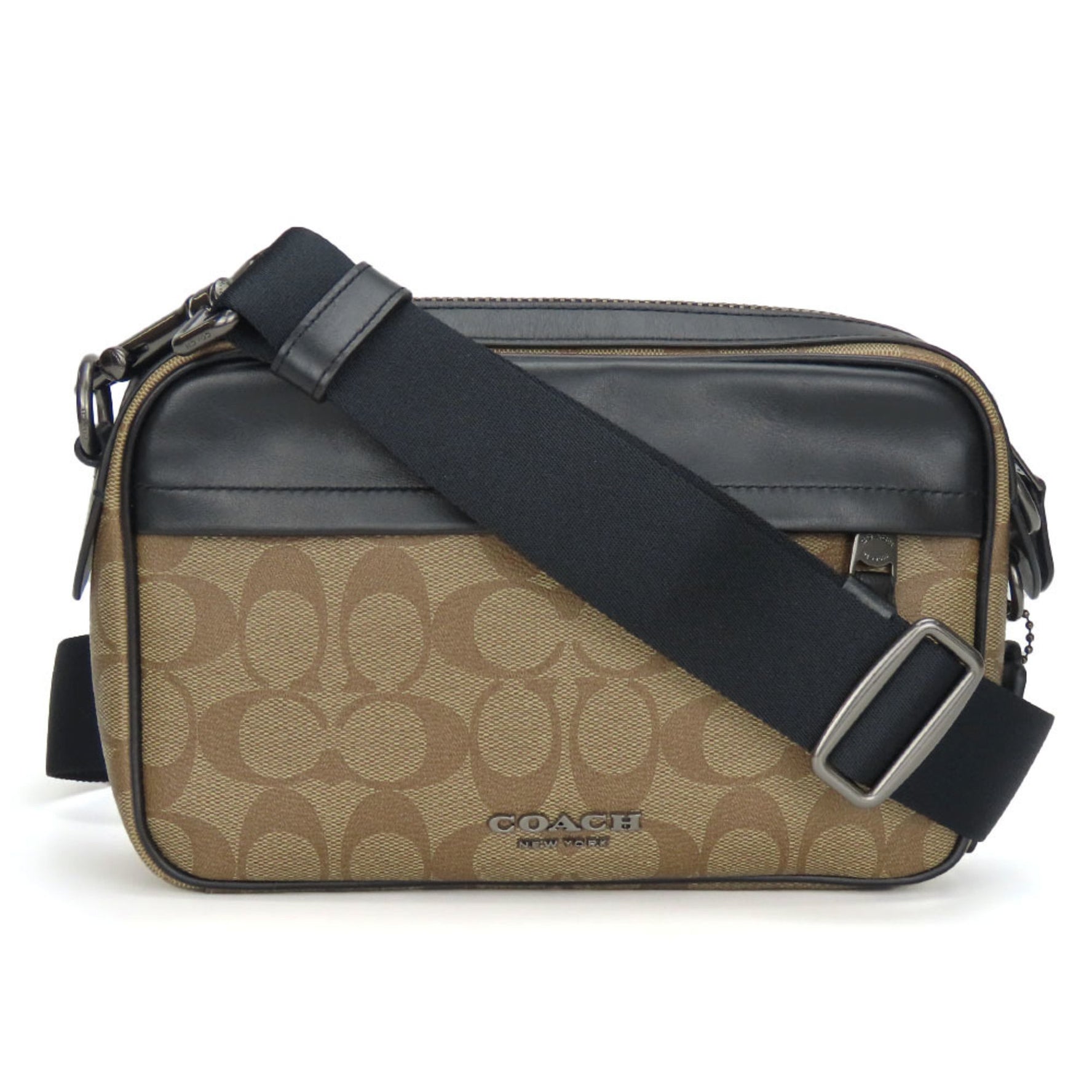 Coach Shoulder Bag Signature Leather Black Brown Men's