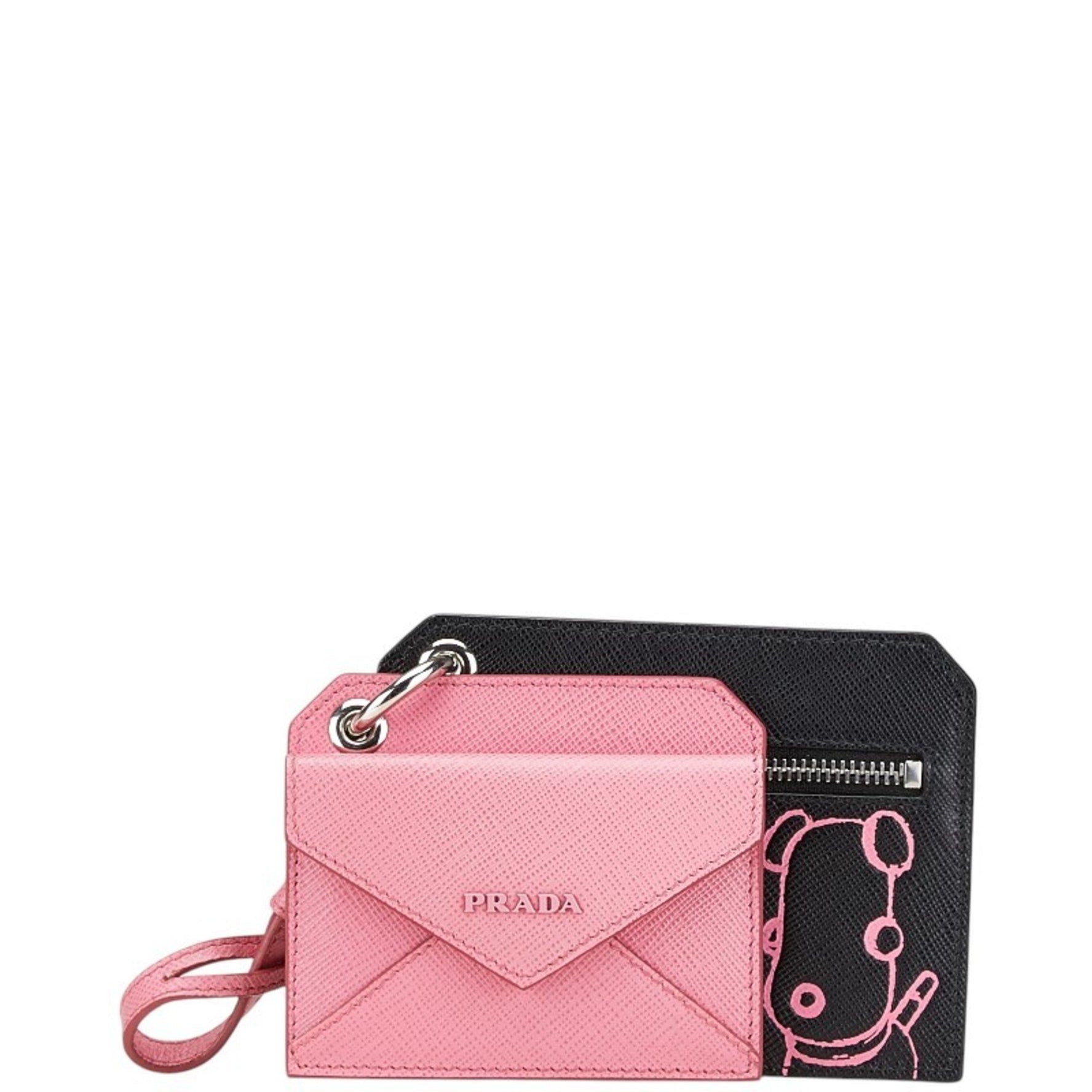 Prada Dog Illustration Card Case Coin Black Pink Saffiano Leather