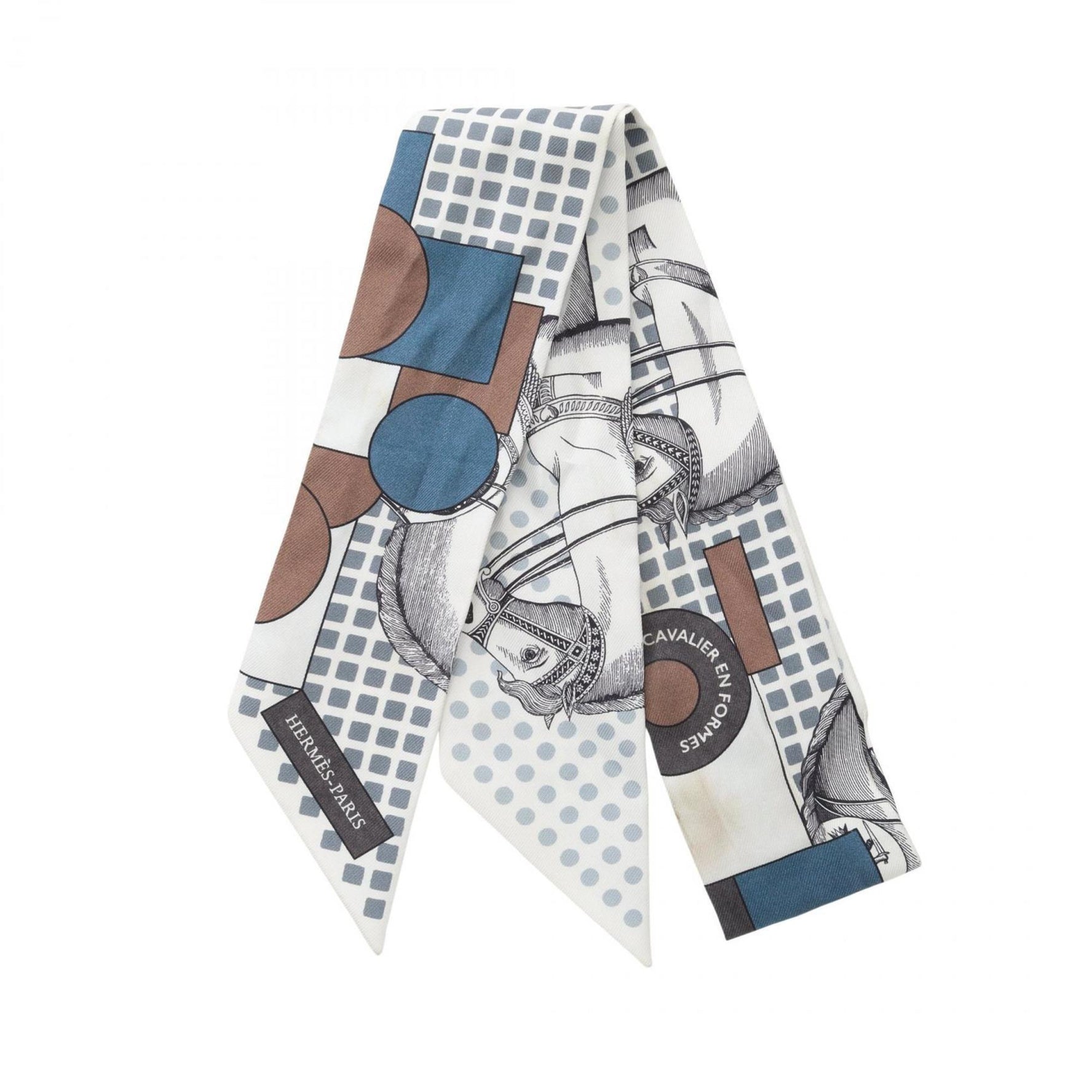 Hermes Hermès Twilly CAVALIER EN FORMES Silk Scarf in White, Blue, and Multicolor