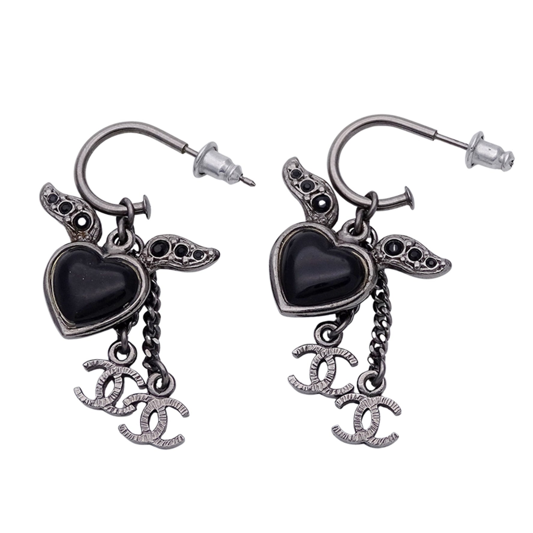 CHANEL Earrings with Rhinestones, Silver and Black, Heart Coco Mark Design