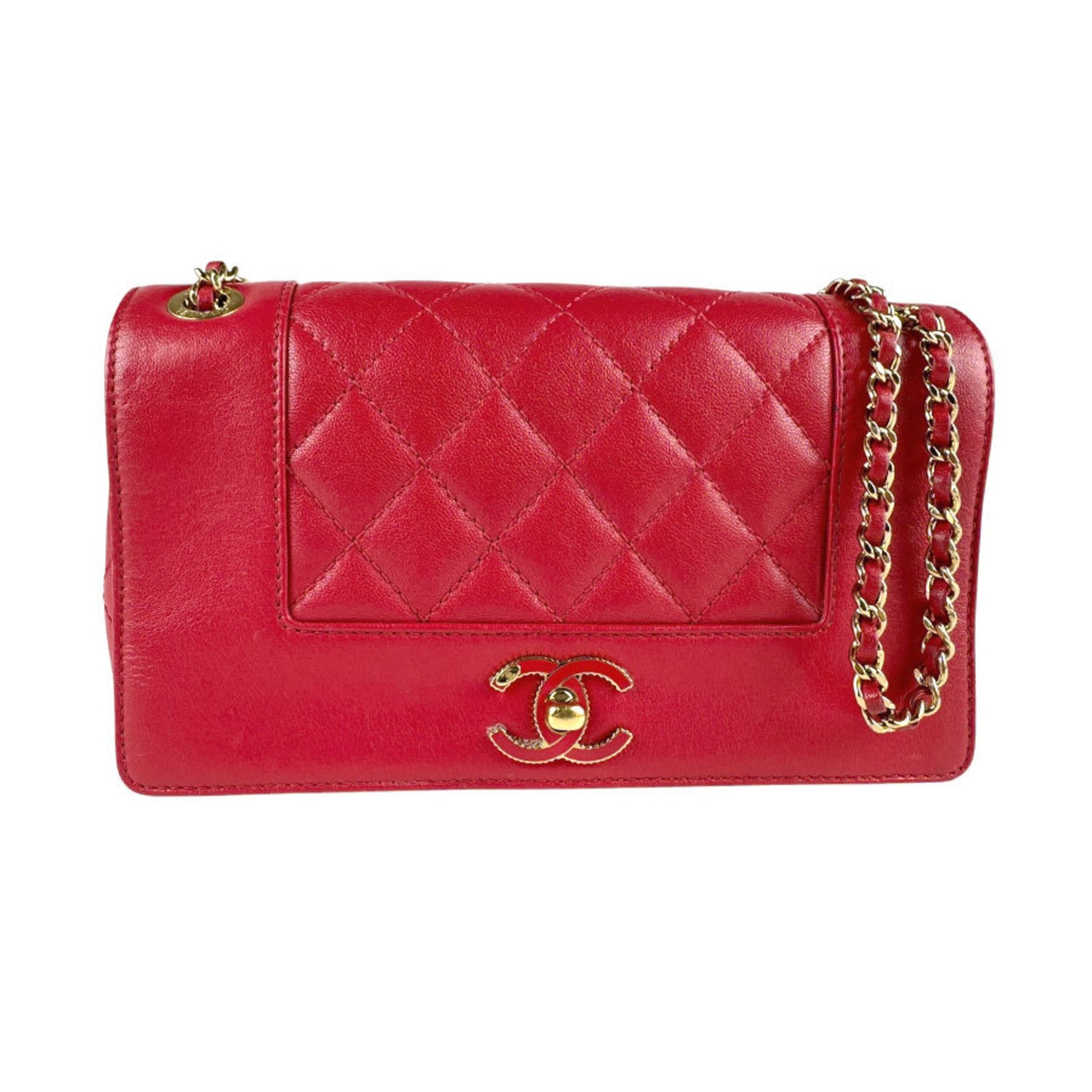 CHANEL Shoulder Bag Leather Red Gold