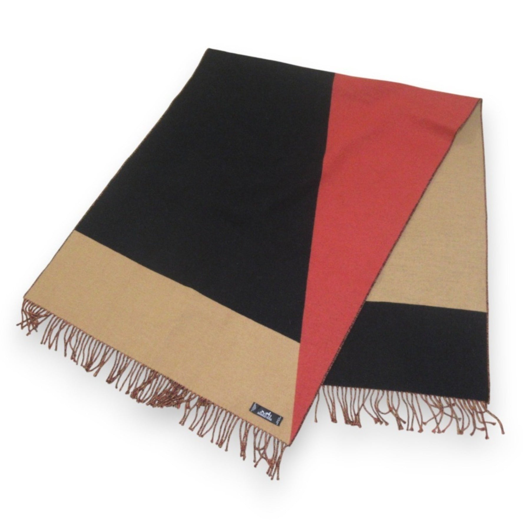 HERMES 100% Cashmere Fringe Blanket Large Stole Shawl Beige x Black Red