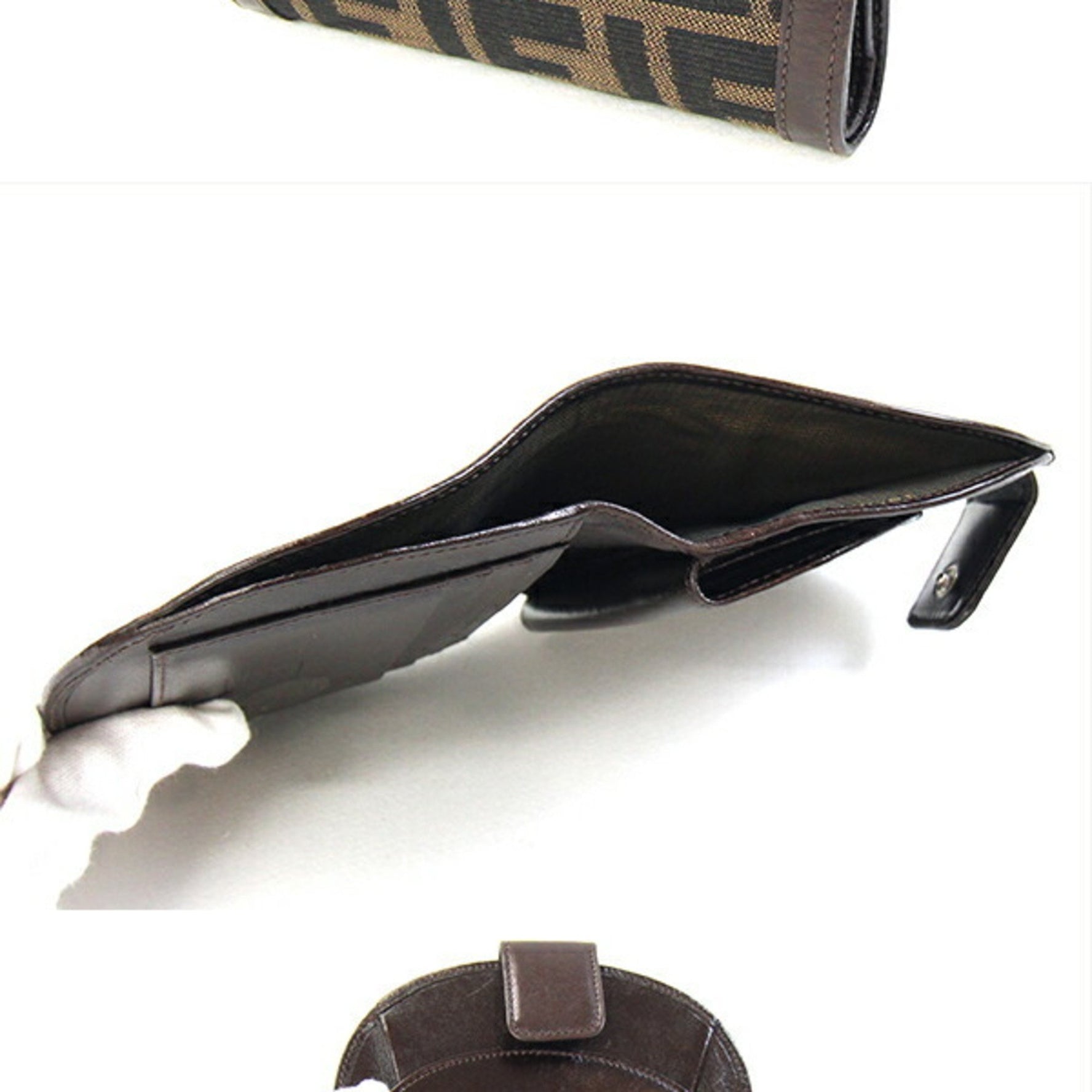 Fendi Bi-fold Wallet Zucca Brown Jacquard Canvas Leather Dark Compact FF Old