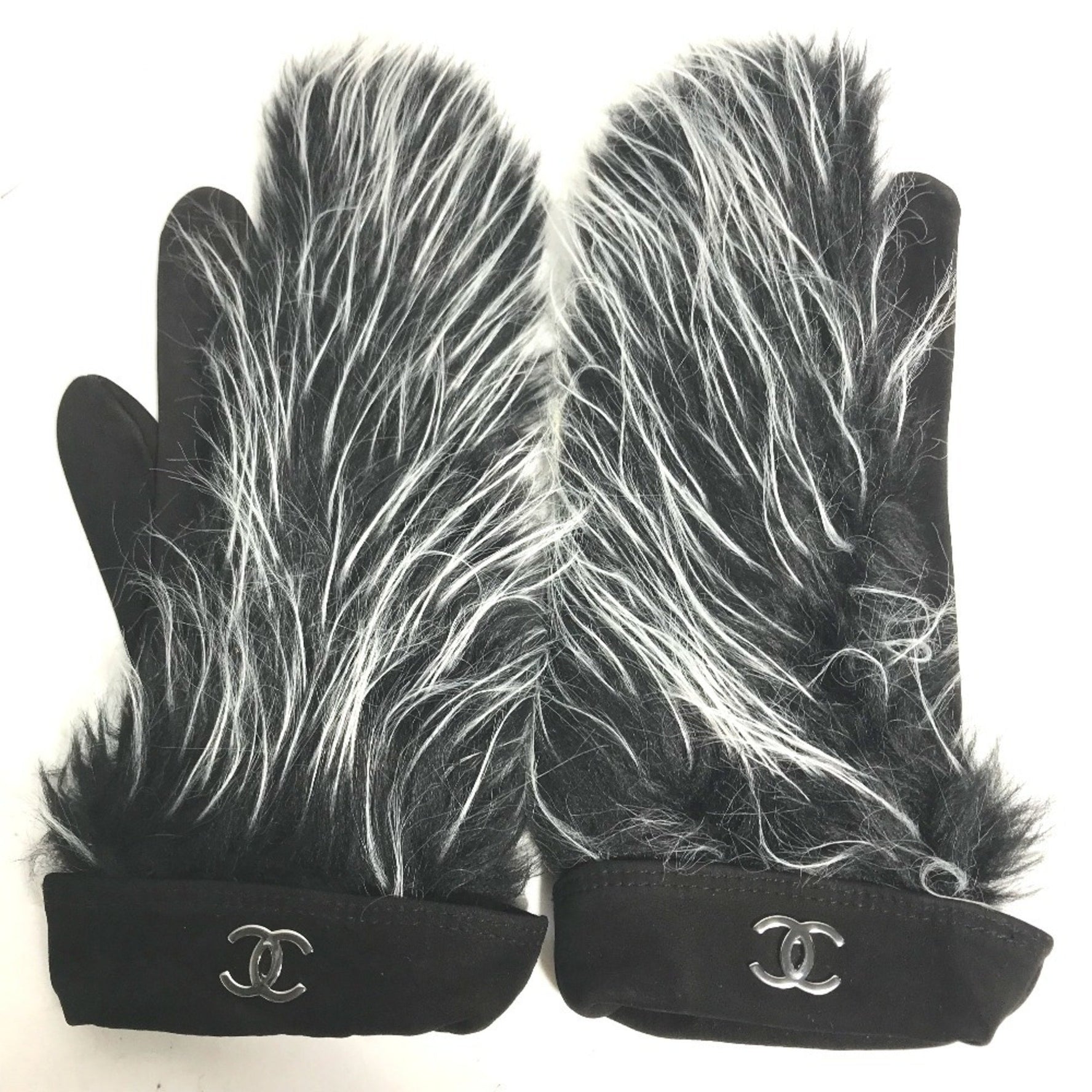 CHANEL Fur CC Coco Mark Mitten Gloves Suede