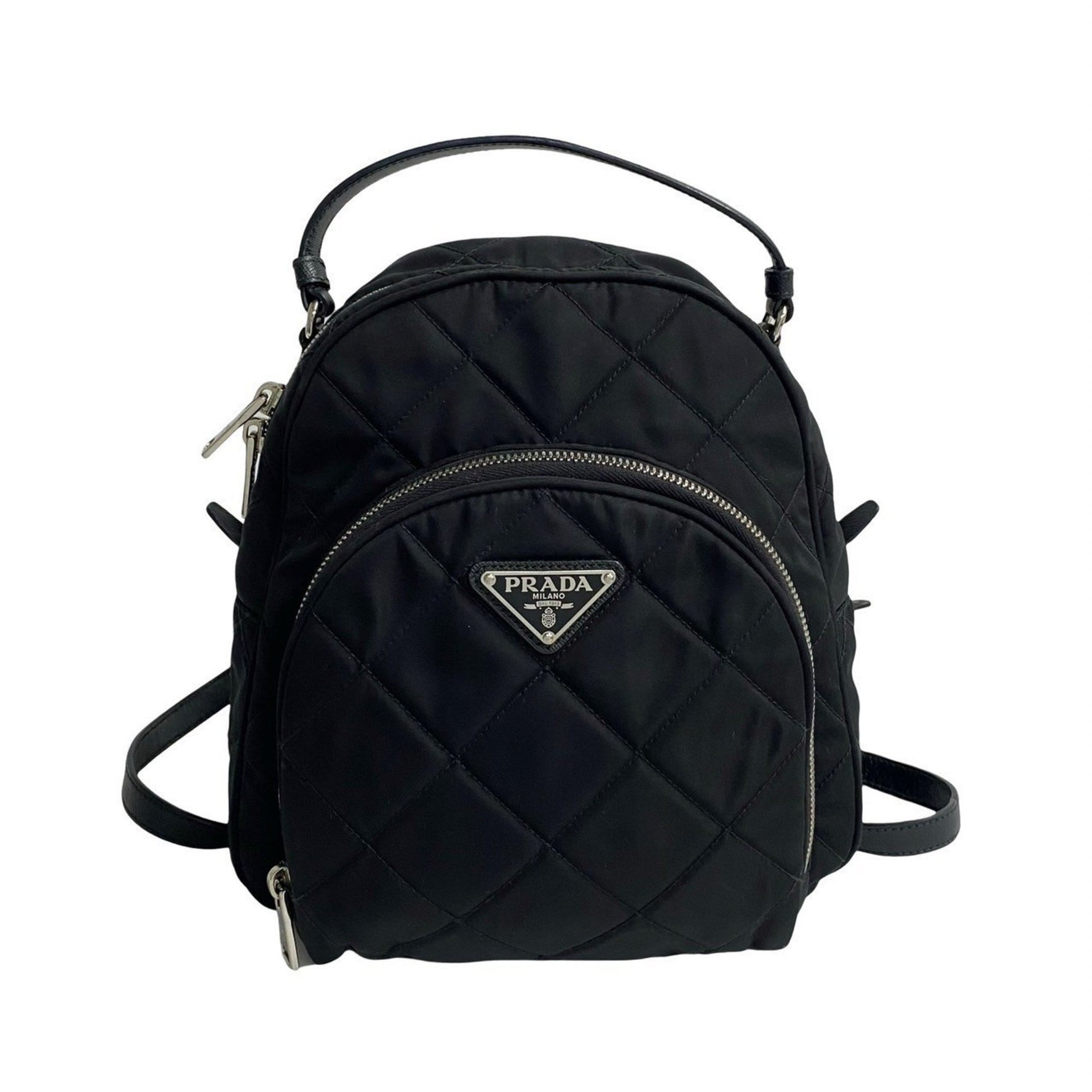 PRADA Triangle Logo Metal Fitted Quilted Nylon Saffiano Leather Mini Backpack Daypack
