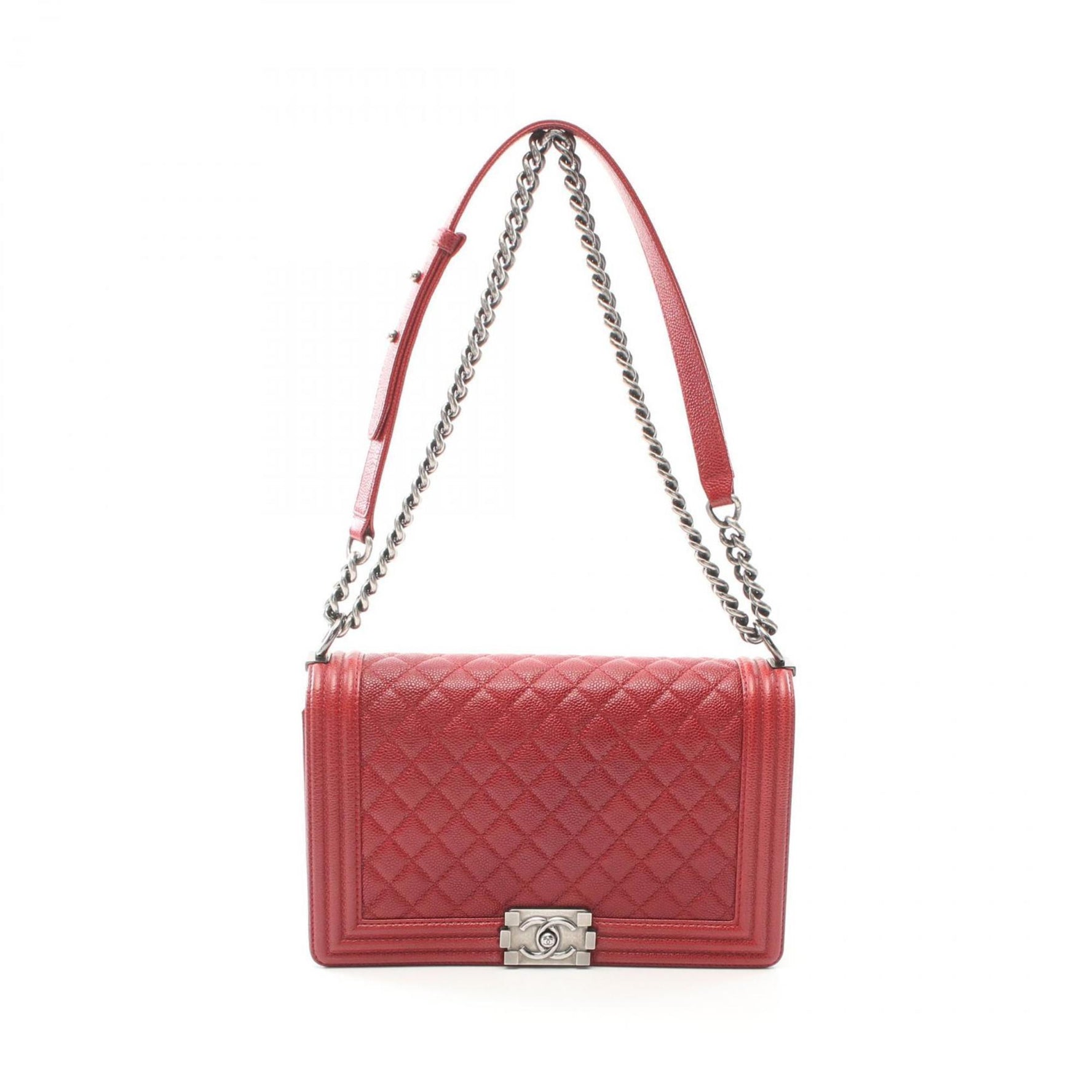 CHANEL Boy Large Chevron Shoulder Bag Caviar Skin (Grained Calf) Red