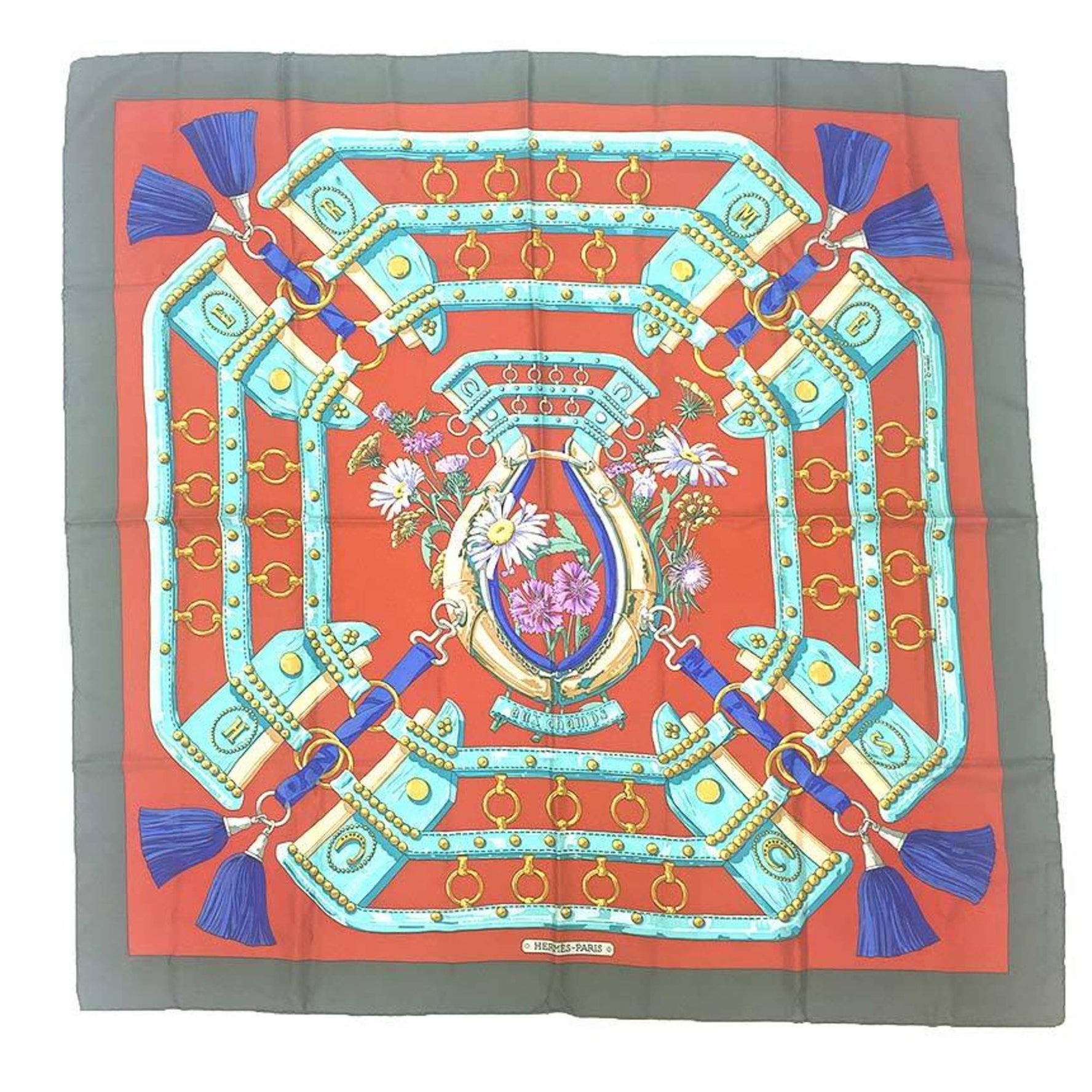 HERMES Carré 90 Scarf Muffler AUX CHAMPS Field He x Terracotta 100% Silk
