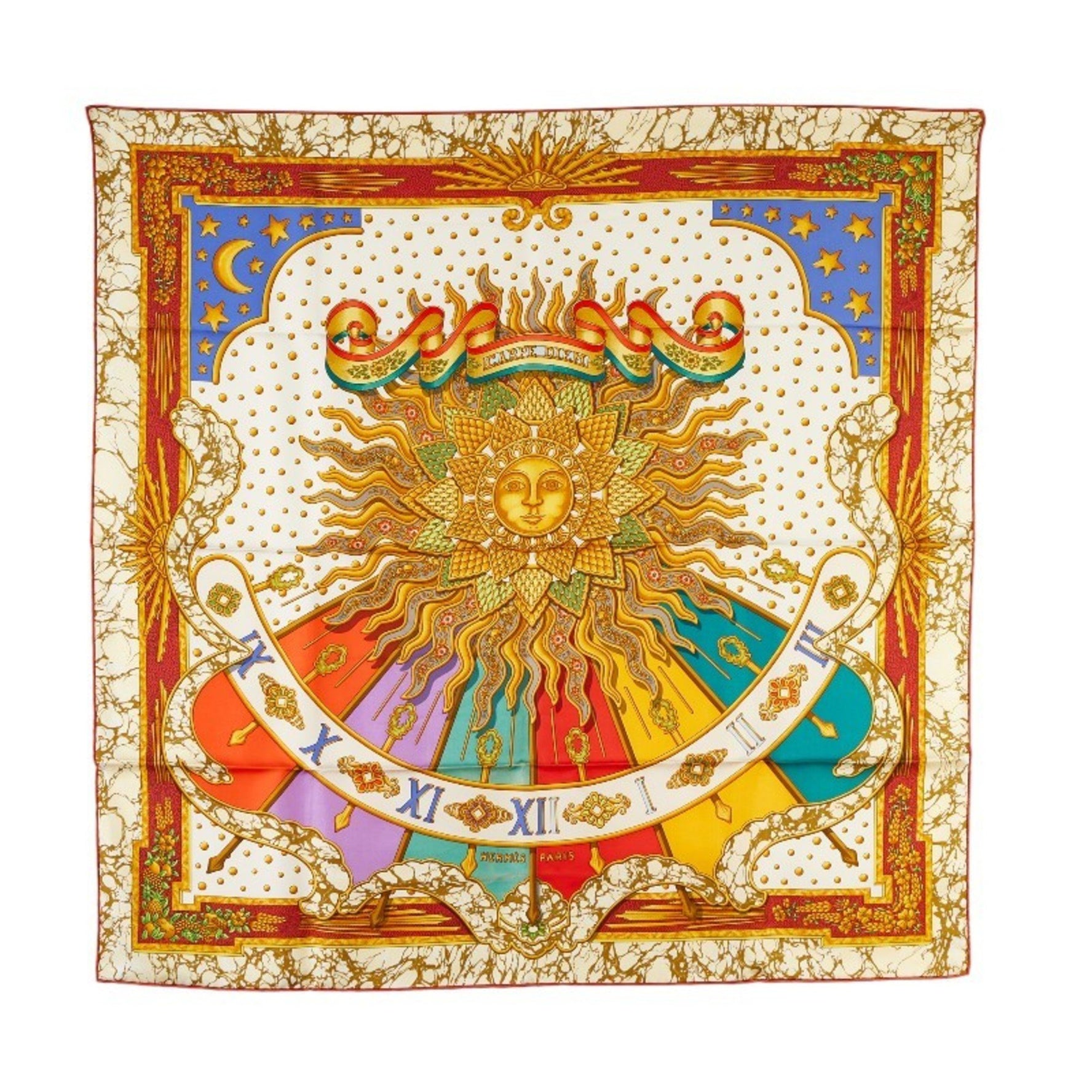 Hermes Carre 90 CARPE DIEM Enjoy Today Sun Moon Stars Scarf Muffler White Multicolor Silk