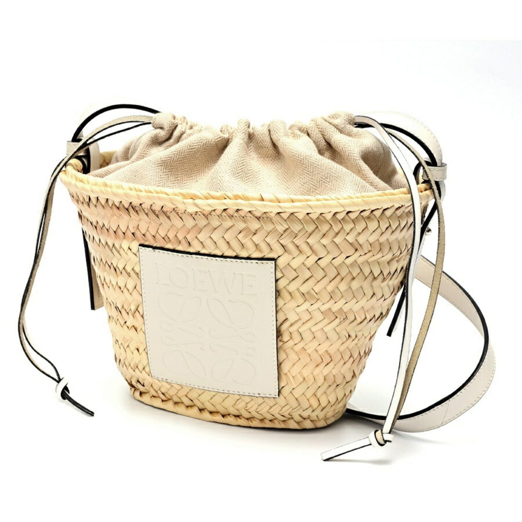 LOEWE Drawstring Bucket Bag Shoulder Raffia (palm leaf)/calf Natural/White