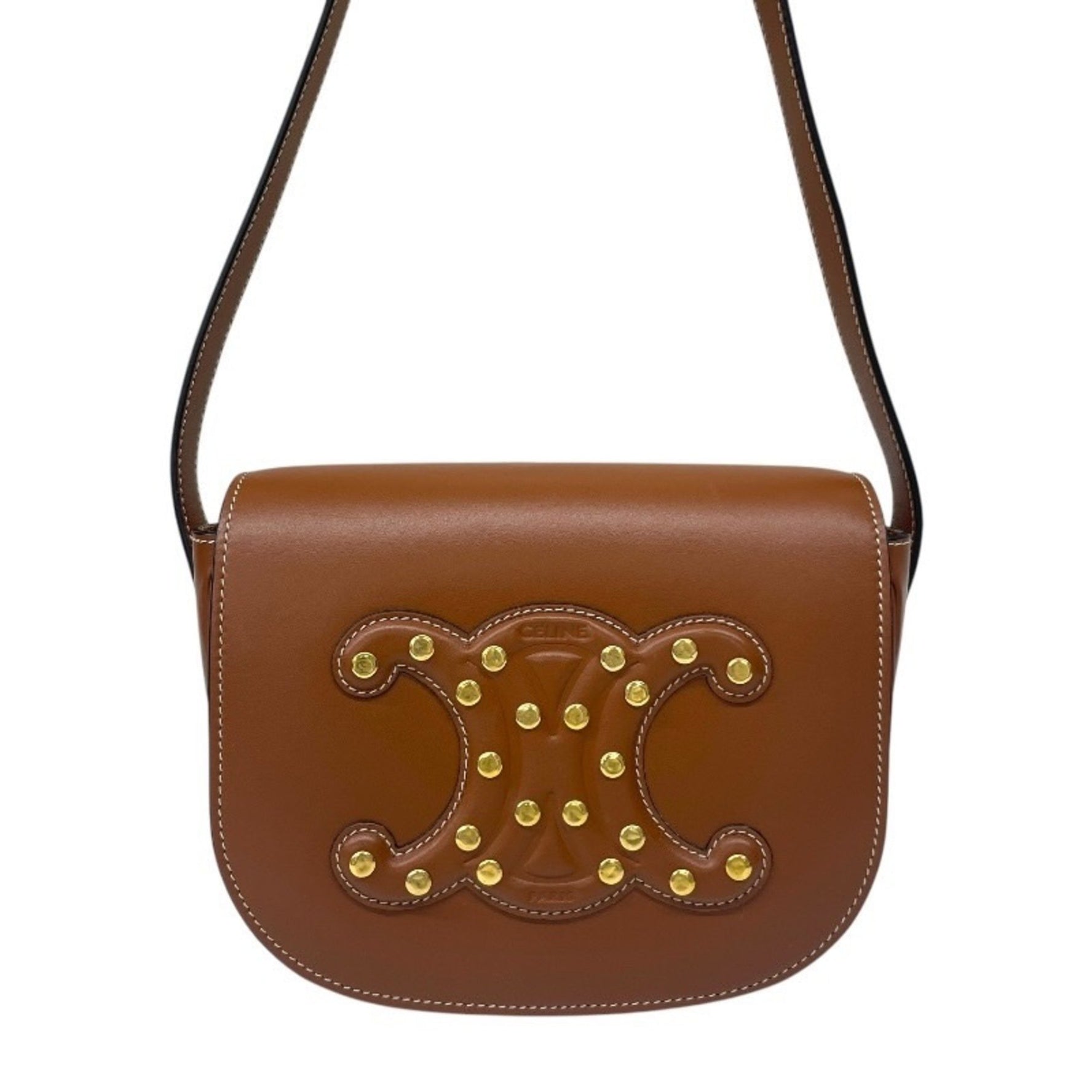 CELINE Cuir Folco Triomphe Leather Shoulder Bag with Metal Studs, Crossbody