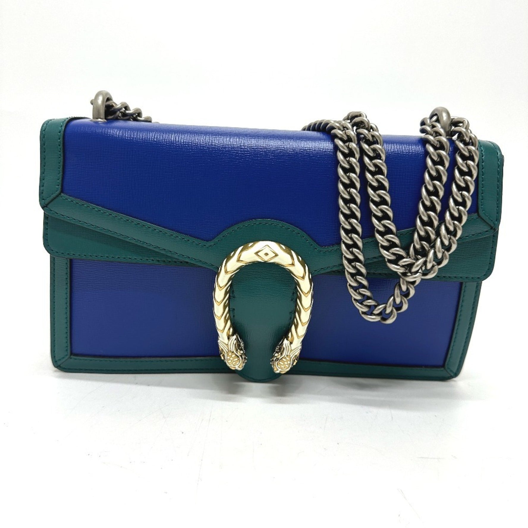GUCCI Two-Tone Dionysus Chain Shoulder Bag in Leather, Blue, Like New
