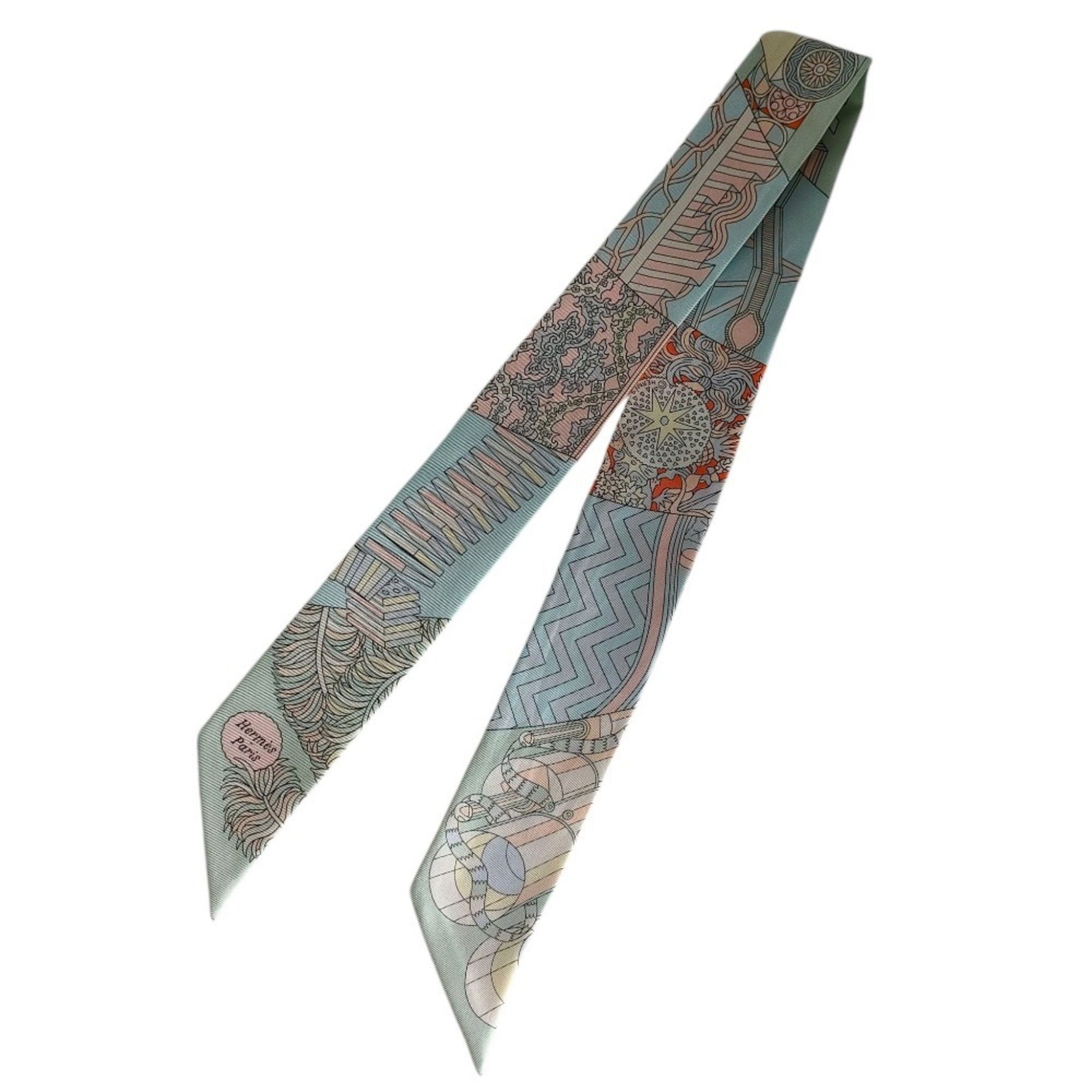 HERMES "De l'Ombrelle aux Duels" Silk Twilly Scarf/Muffler, Pale