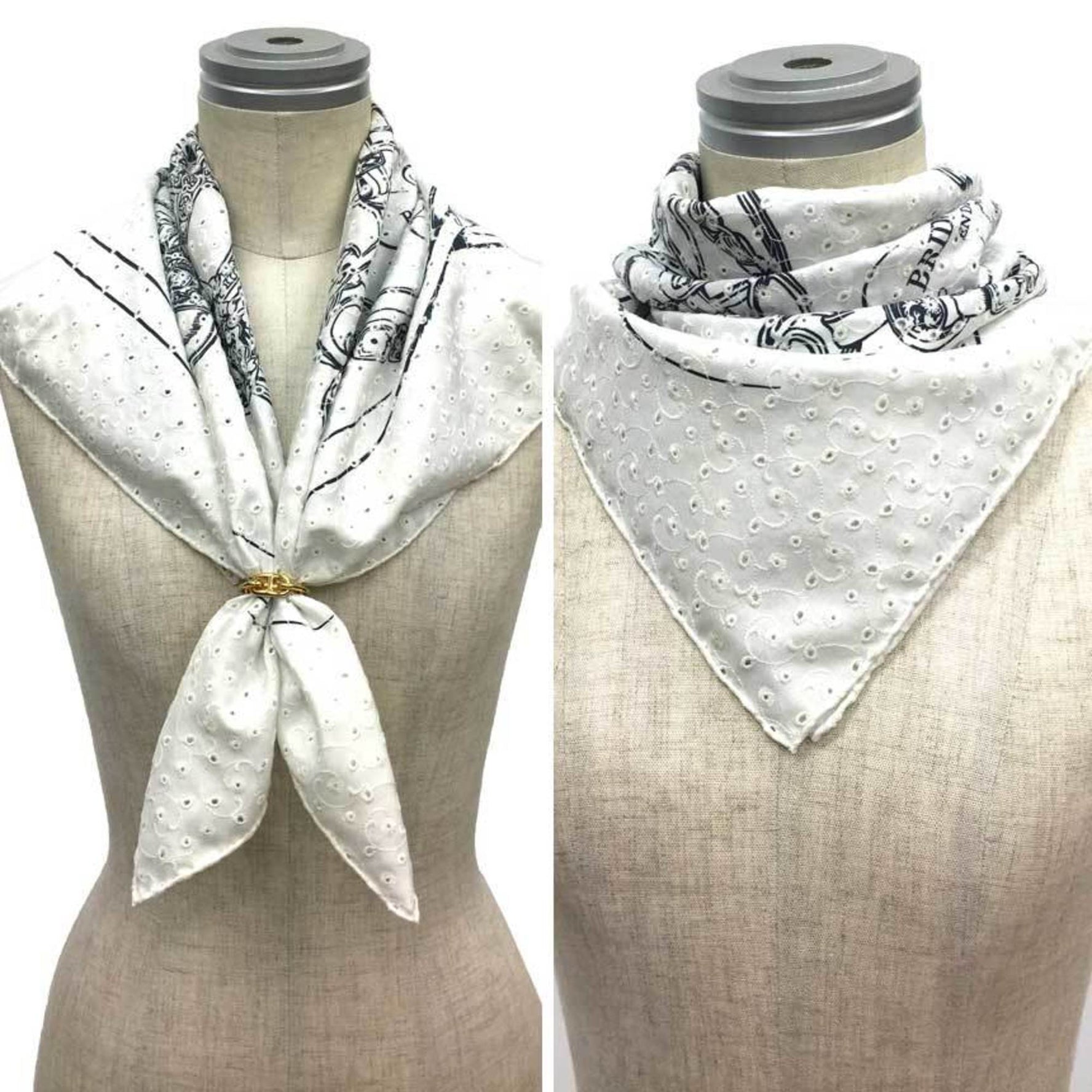 HERMES Carre 70 Scarf, BRODERIE ANG BRIDES DE GALA FINESS, size 25, 100% silk, embroidered, white/black, formal bridle scarf.