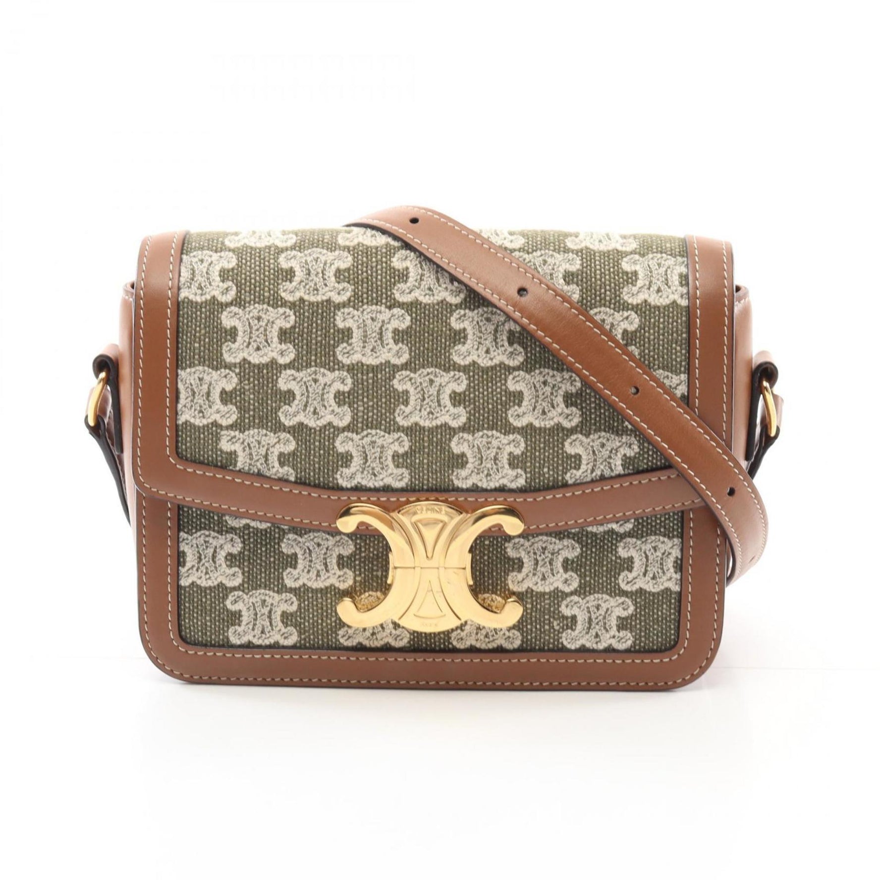 CELINE Teen Triomphe Shoulder Bag Canvas Leather Khaki Brown