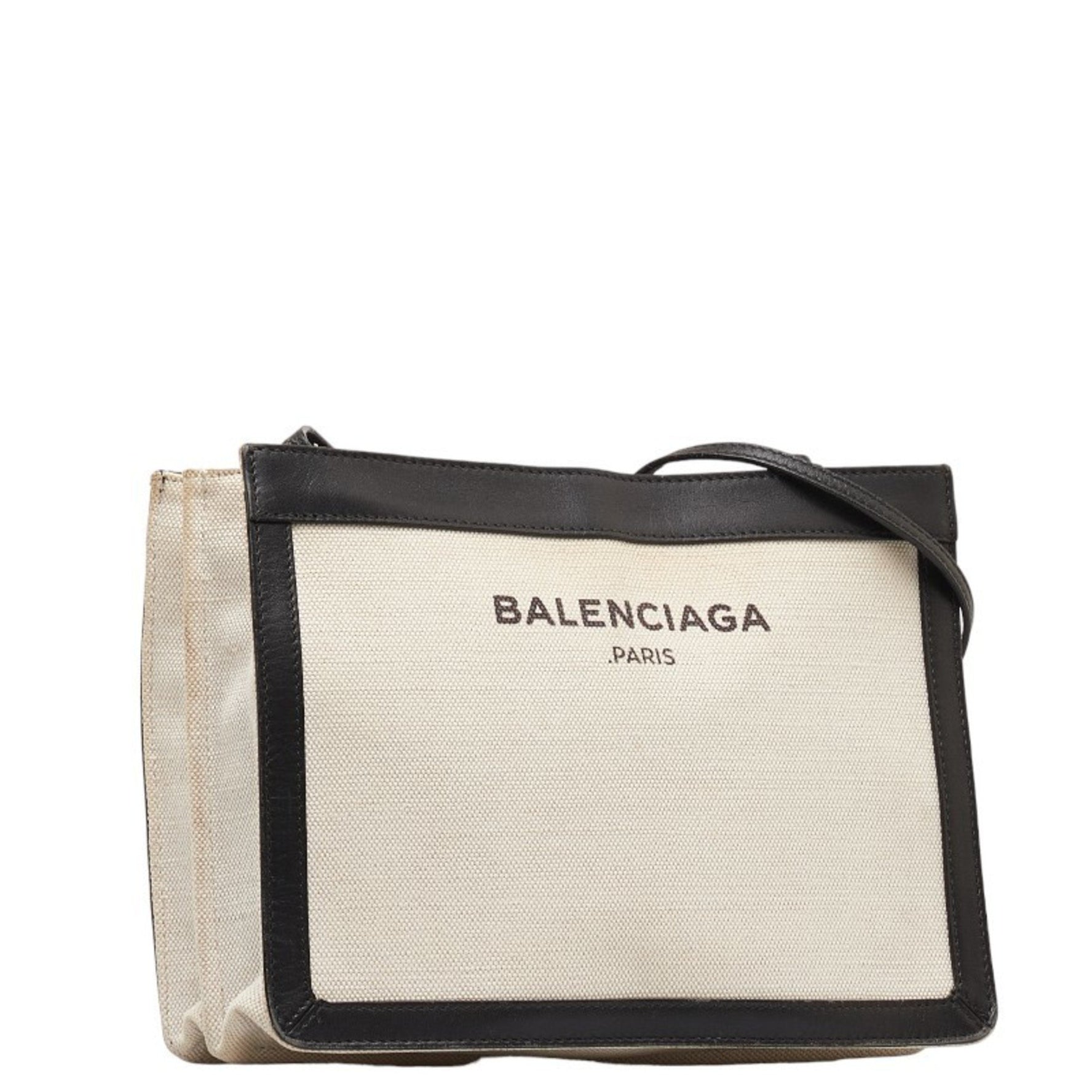 Balenciaga Navy Pochette Crossbody Shoulder Bag in White and Black Canvas Leather.