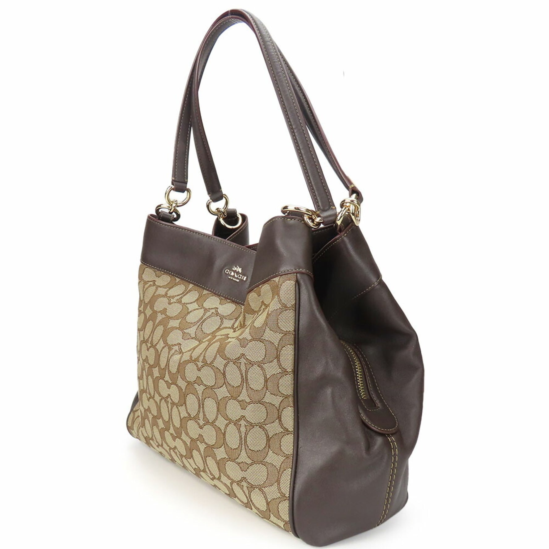 Coach Tote Bag Signature Canvas Leather Dark Brown