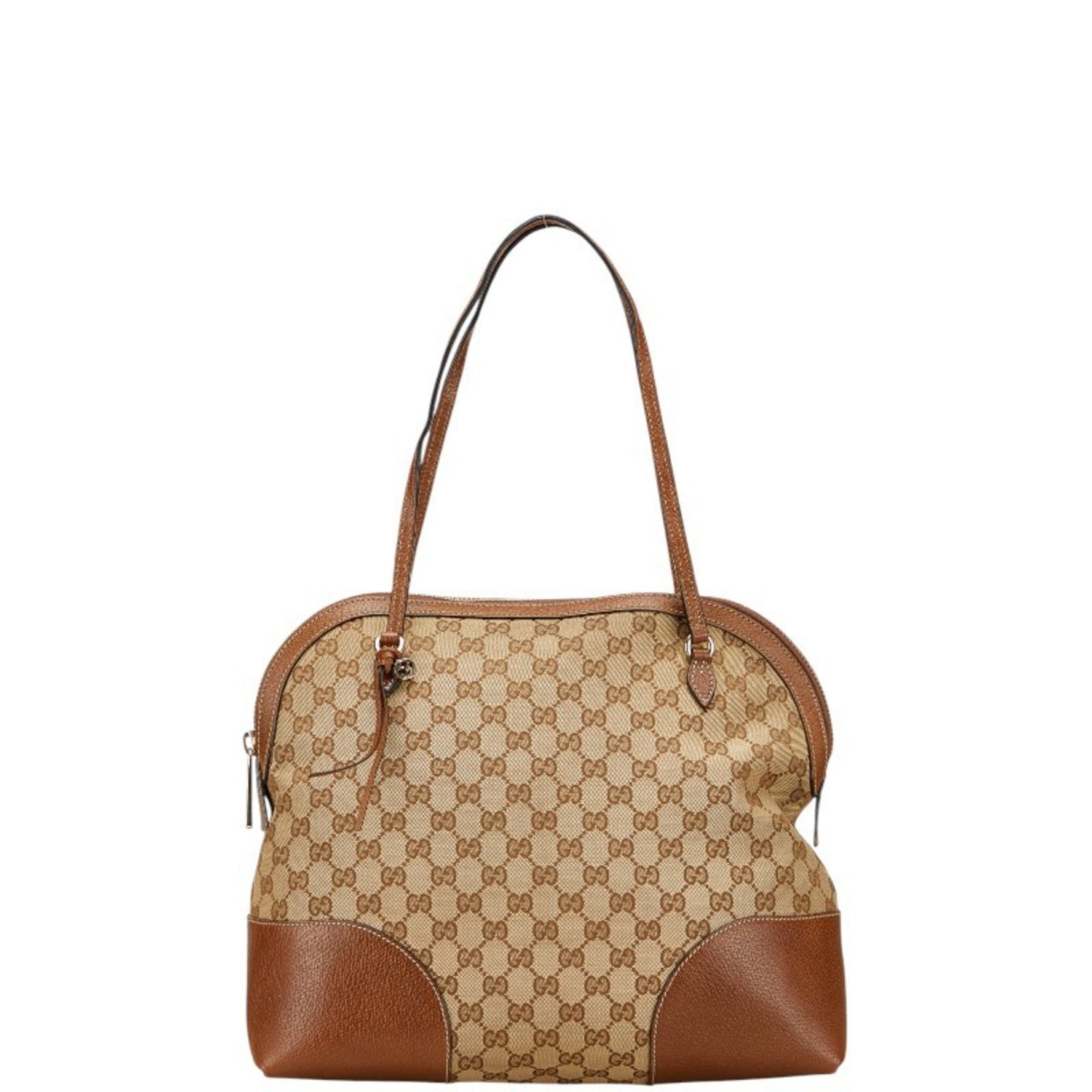 Gucci GG Canvas Tote Bag Handbag Beige Brown Leather