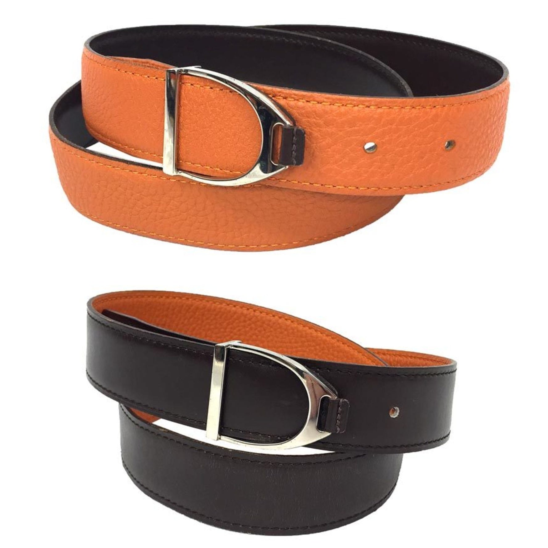 Hermes Etrier Belt Size 80 □I Engraved Leather Reversible Orange x Brown Small
