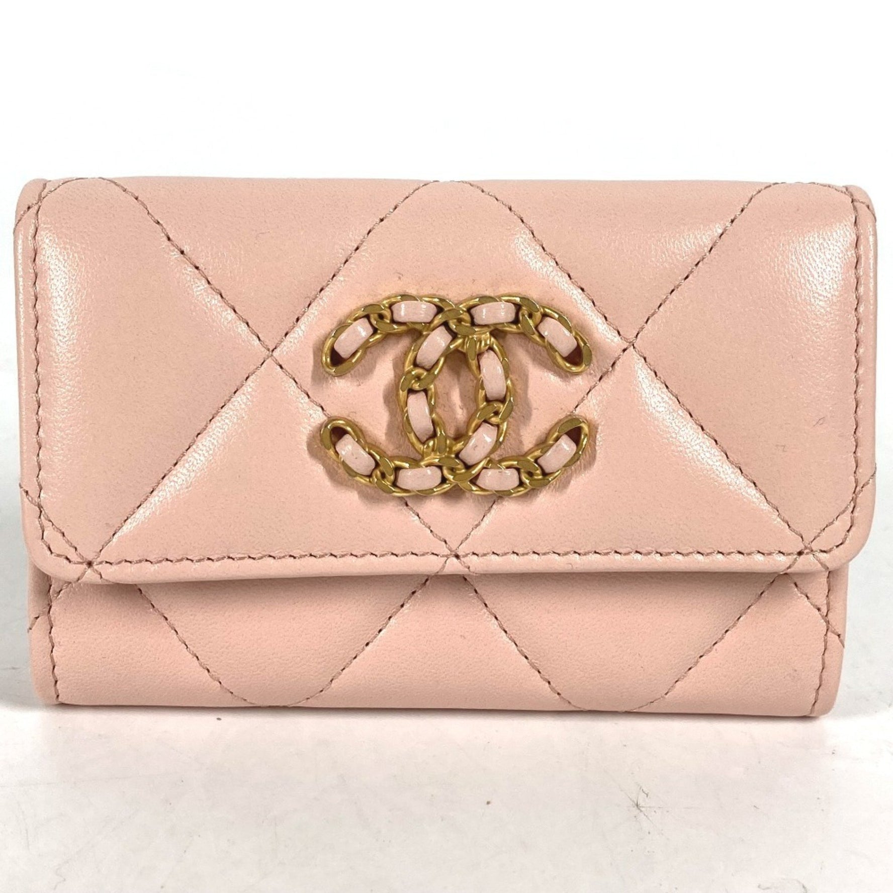 CHANEL 19 Line Chain CC Card Case Matelasse Coco Mark Wallet Coin Lambskin Pink