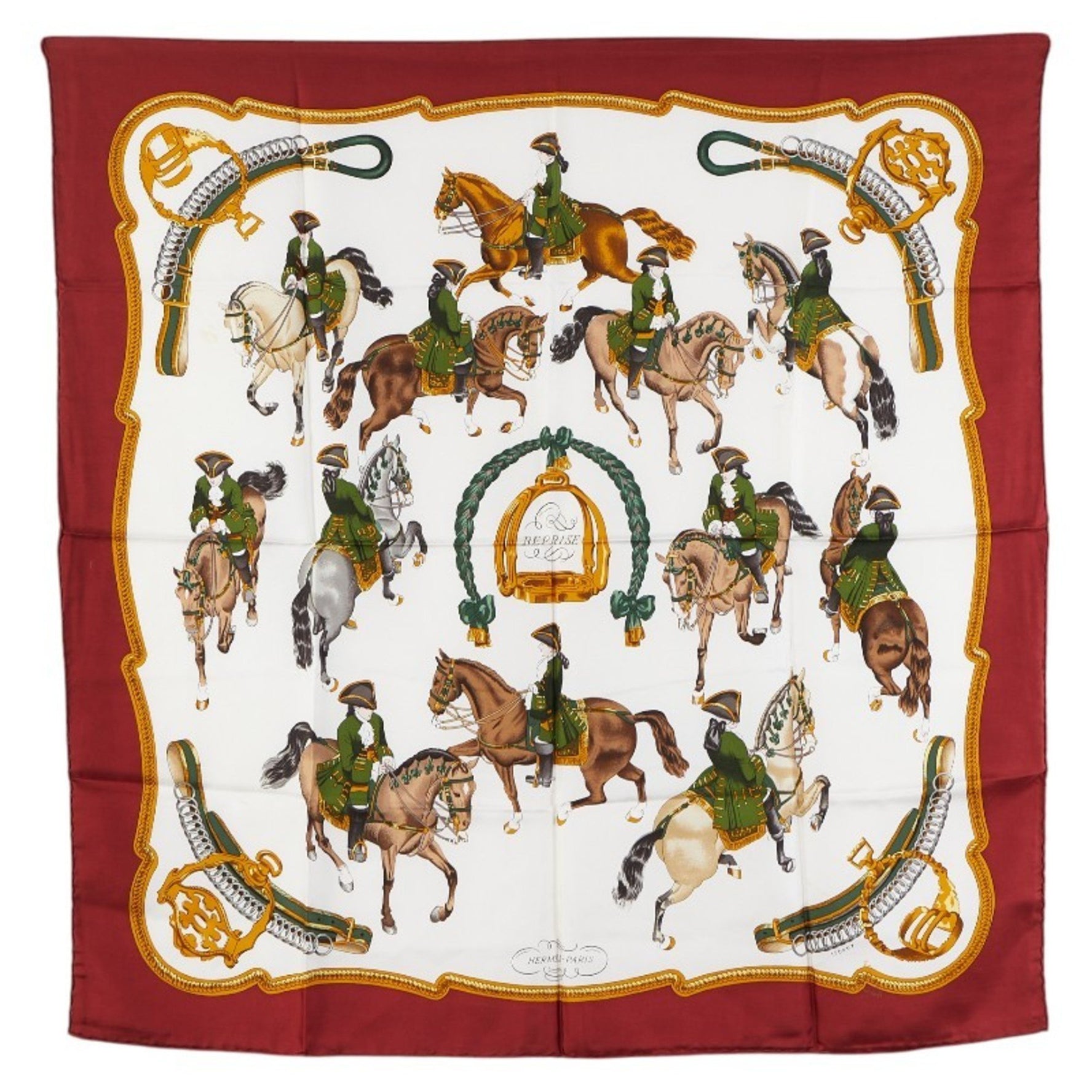 Hermes Carre 90 REPRISE Horse Riding Scene Scarf Muffler Wine Red Multicolor Silk