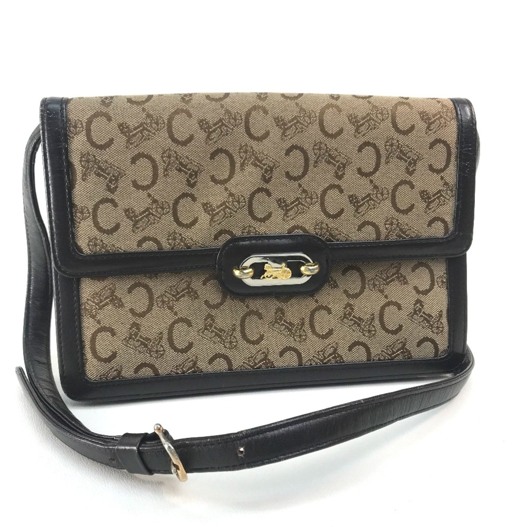 CELINE Carriage Hardware Logo bag old Shoulder Bag Beige x Dark