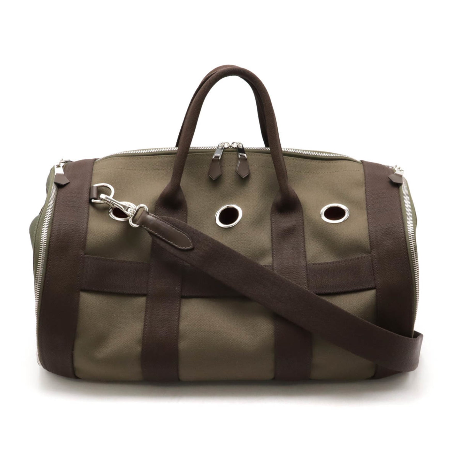 HERMES Dog Carrier Bag Cat Pet Boston Shoulder Canvas Leather Khaki Dark Brown Z Engraved