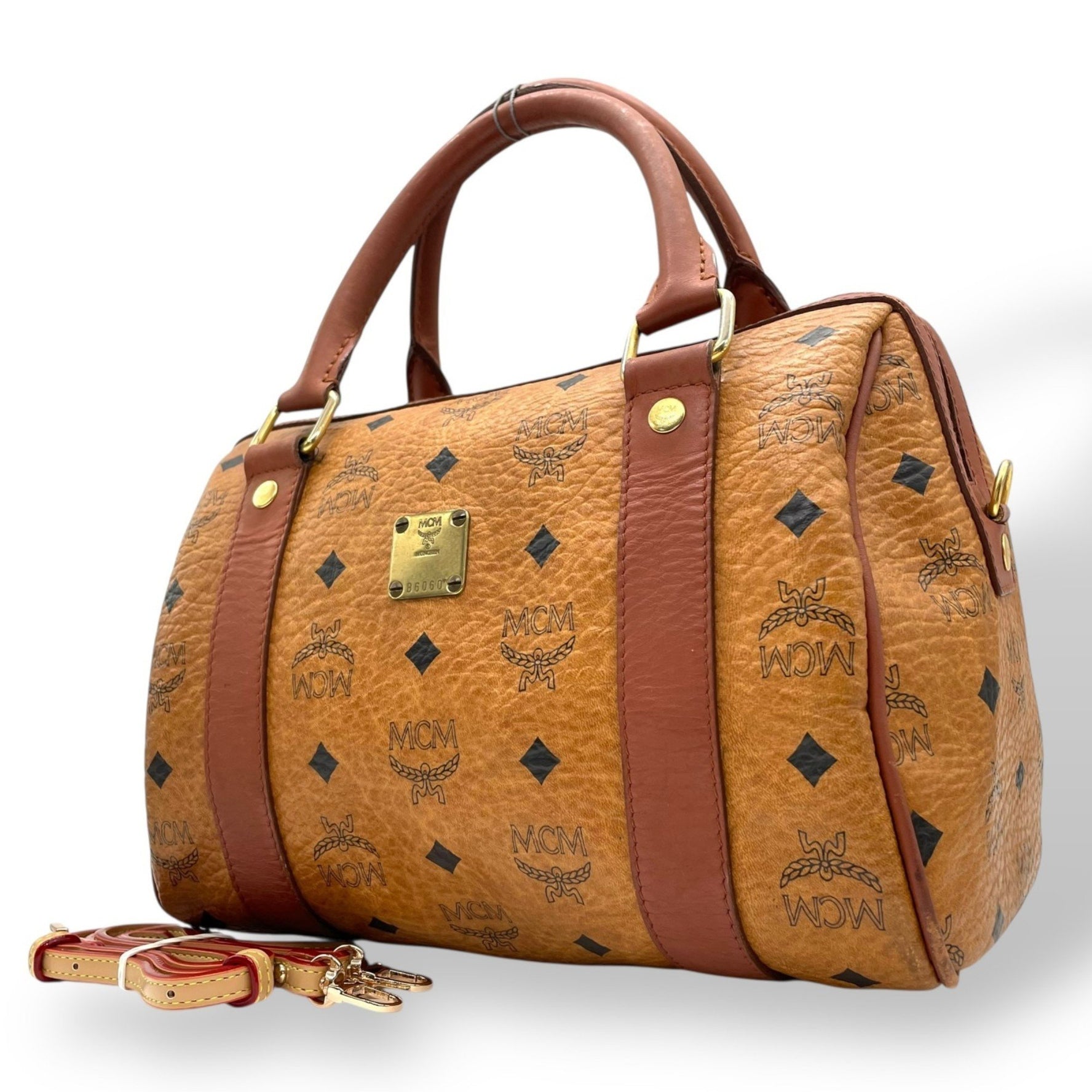 MCM Visetos Handbag, Mini Boston Bag, Shoulder Cognac Leather with Gold Hardware, Size C